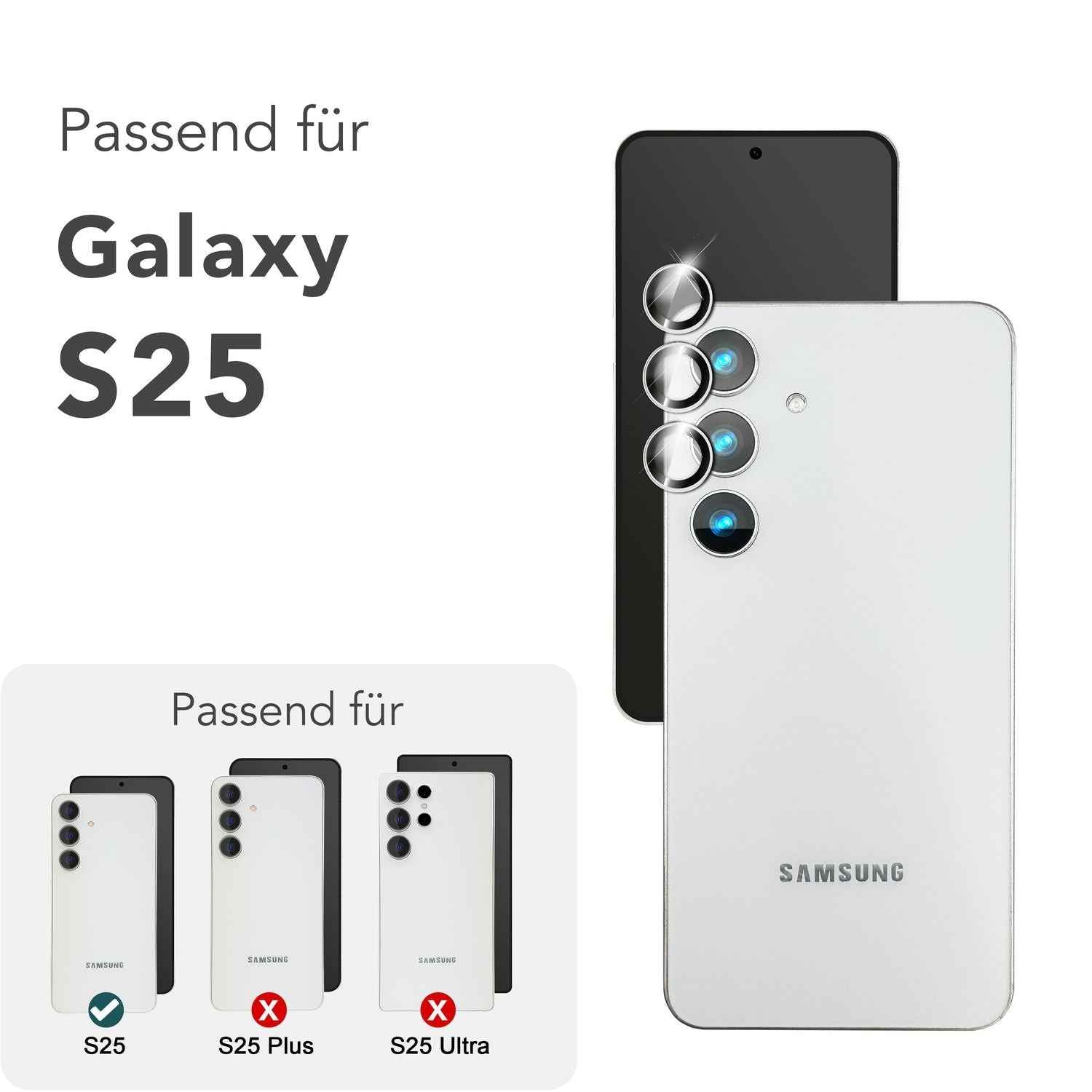 NALIA Focus.Pro CLX für Samsung Galaxy S25 Glas, Reflexionsfreier Kameraschutz, Einzeln Klare Schutzglas Ringe mit Farbrahmen, 9H Linsenschutz für Rück-Kamera, 3 Stück