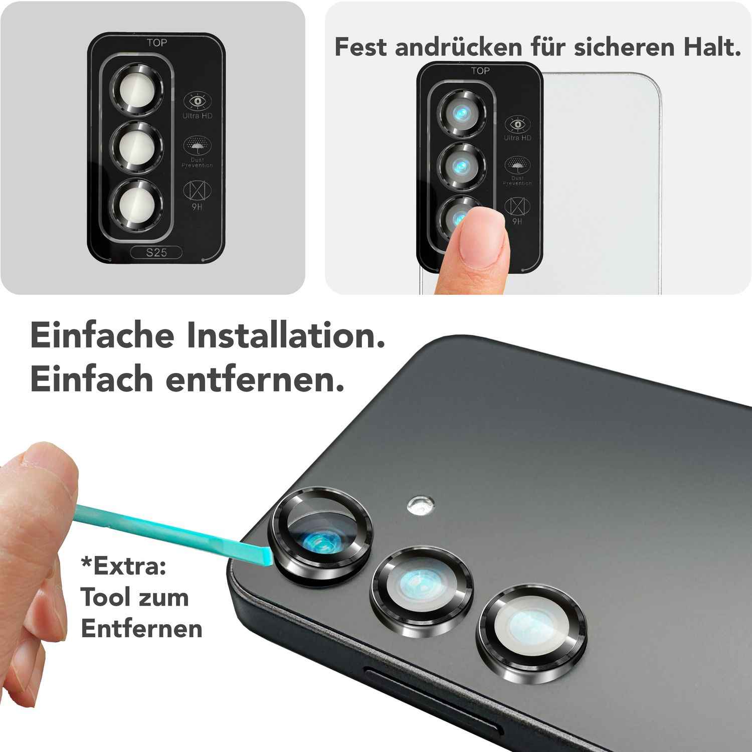 NALIA Focus.Pro CLX für Samsung Galaxy S25 Glas, Reflexionsfreier Kameraschutz, Einzeln Klare Schutzglas Ringe mit Farbrahmen, 9H Linsenschutz für Rück-Kamera, 3 Stück