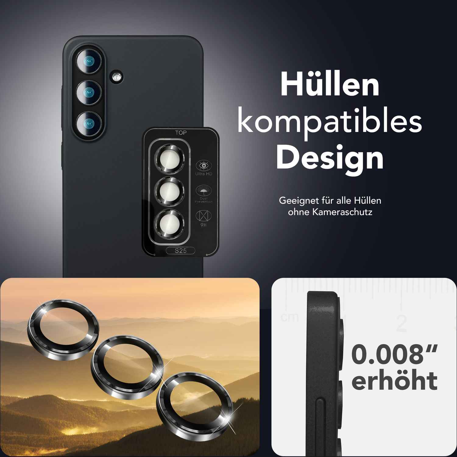 NALIA Focus.Pro CLX für Samsung Galaxy S25 Glas, Reflexionsfreier Kameraschutz, Einzeln Klare Schutzglas Ringe mit Farbrahmen, 9H Linsenschutz für Rück-Kamera, 3 Stück