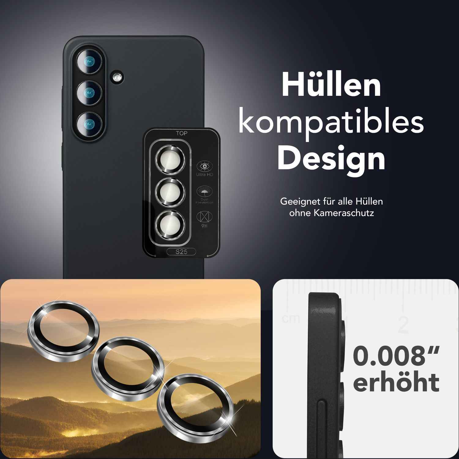 NALIA Focus.Pro CLX für Samsung Galaxy S25 Glas, Reflexionsfreier Kameraschutz, Einzeln Klare Schutzglas Ringe mit Farbrahmen, 9H Linsenschutz für Rück-Kamera, 3 Stück