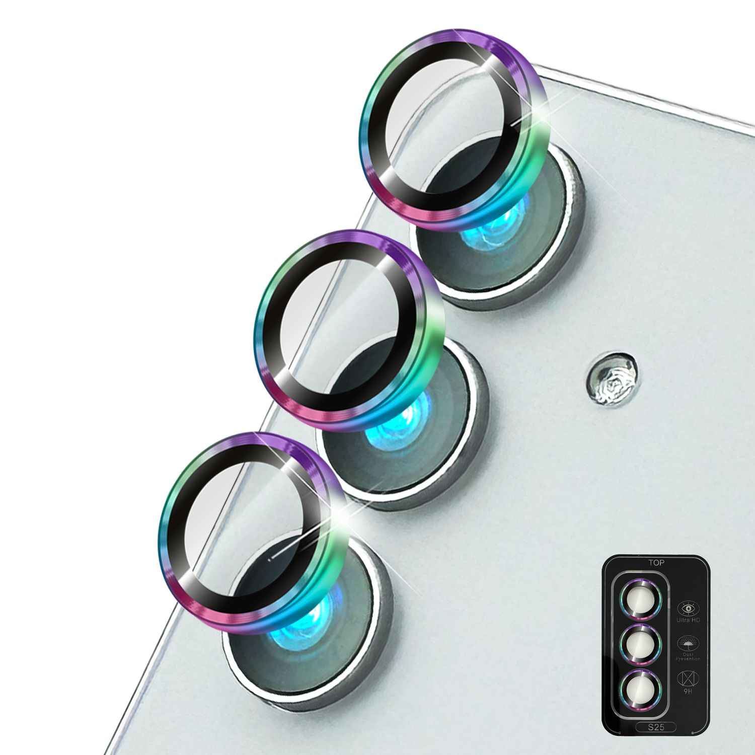 NALIA Focus.Pro CLX für Samsung Galaxy S25 Glas, Reflexionsfreier Kameraschutz, Einzeln Klare Schutzglas Ringe mit Farbrahmen, 9H Linsenschutz für Rück-Kamera, 3 Stück