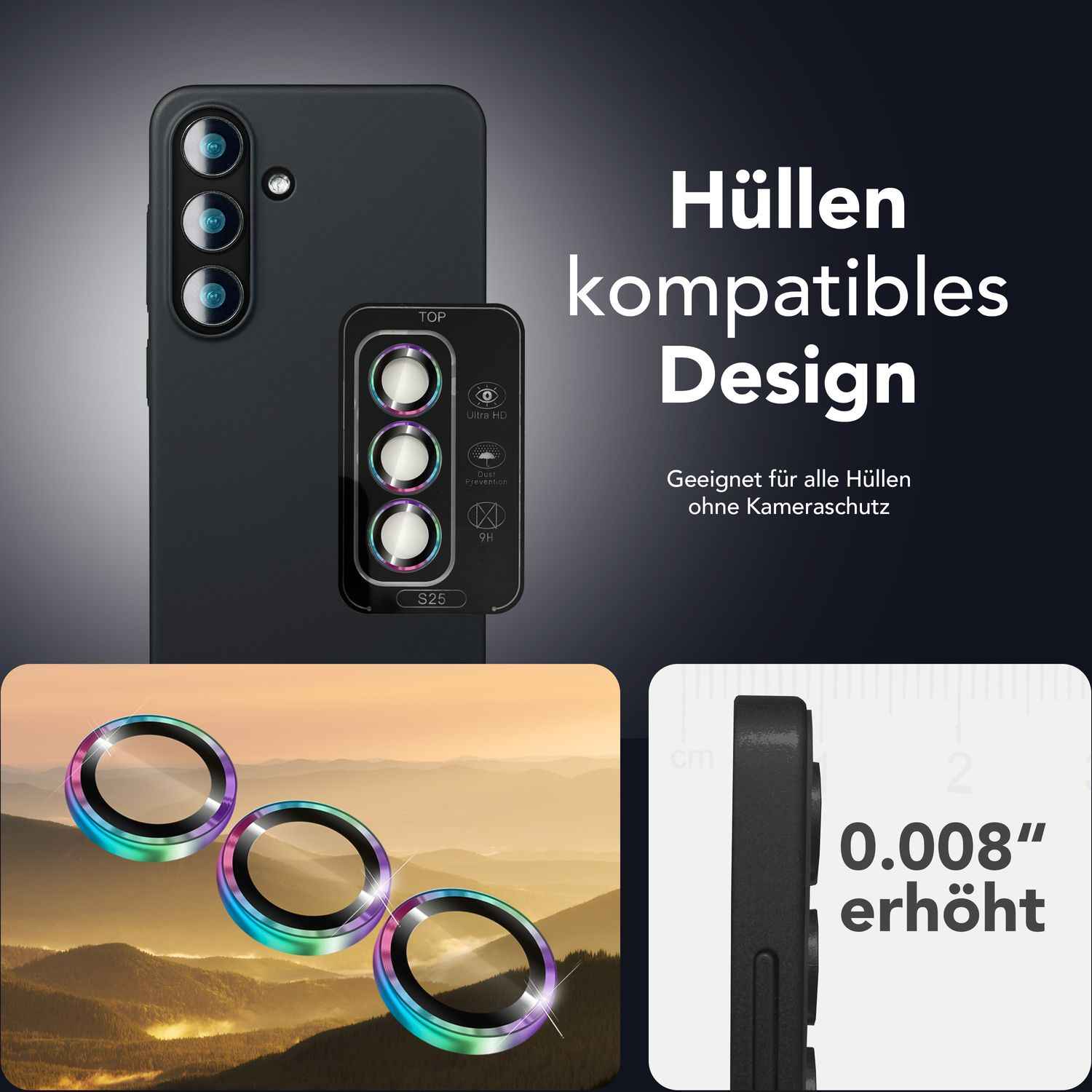 NALIA Focus.Pro CLX für Samsung Galaxy S25 Glas, Reflexionsfreier Kameraschutz, Einzeln Klare Schutzglas Ringe mit Farbrahmen, 9H Linsenschutz für Rück-Kamera, 3 Stück