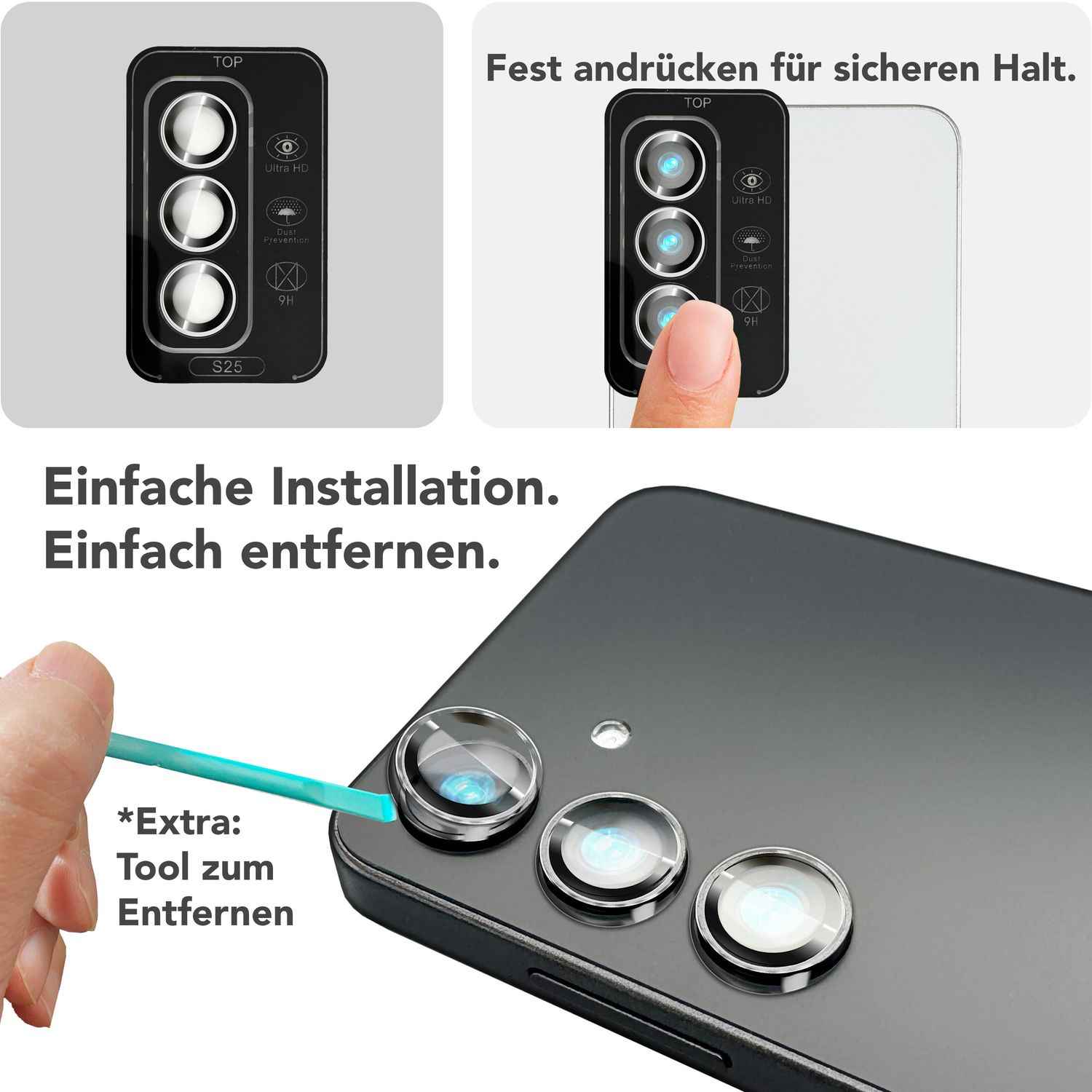 NALIA Focus.Pro CLX für Samsung Galaxy S25 Glas, Reflexionsfreier Kameraschutz, Einzeln Klare Schutzglas Ringe mit Farbrahmen, 9H Linsenschutz für Rück-Kamera, 3 Stück