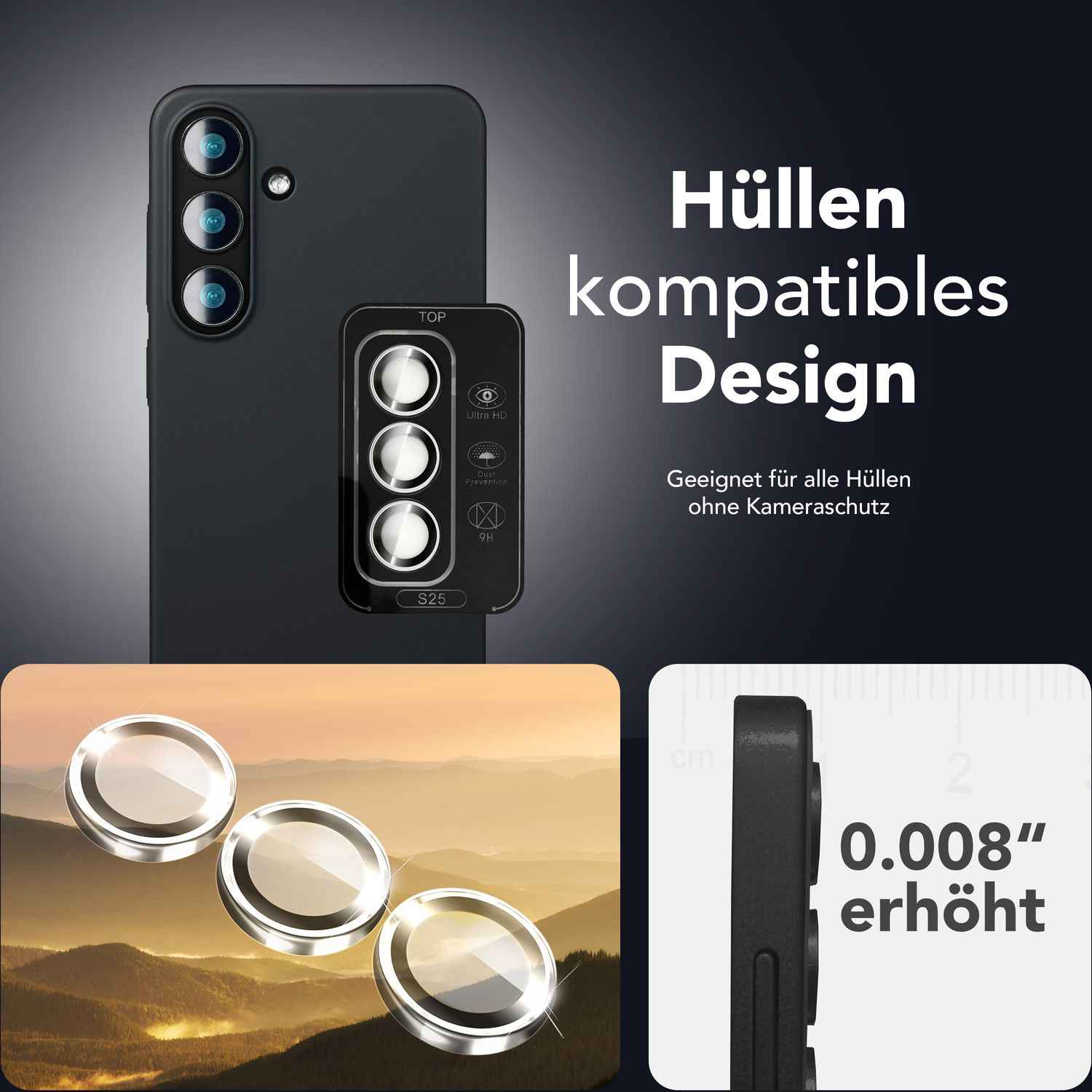 NALIA Focus.Pro CLX für Samsung Galaxy S25 Glas, Reflexionsfreier Kameraschutz, Einzeln Klare Schutzglas Ringe mit Farbrahmen, 9H Linsenschutz für Rück-Kamera, 3 Stück