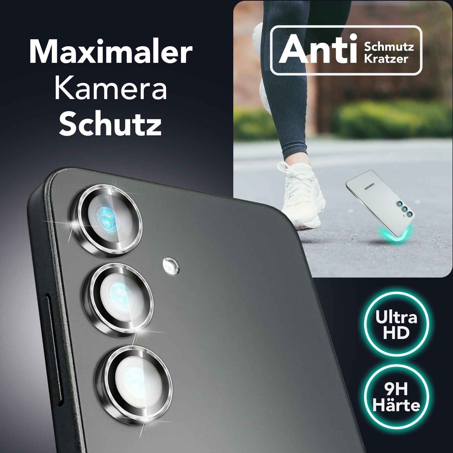 NALIA Focus.Pro CLX für Samsung Galaxy S25 Plus Glas, Reflexionsfreier Kameraschutz, Einzeln Klare Kameragläser mit Farbrahmen, 9H Linsen Ringe für Rück-Kamera, 3 Stück