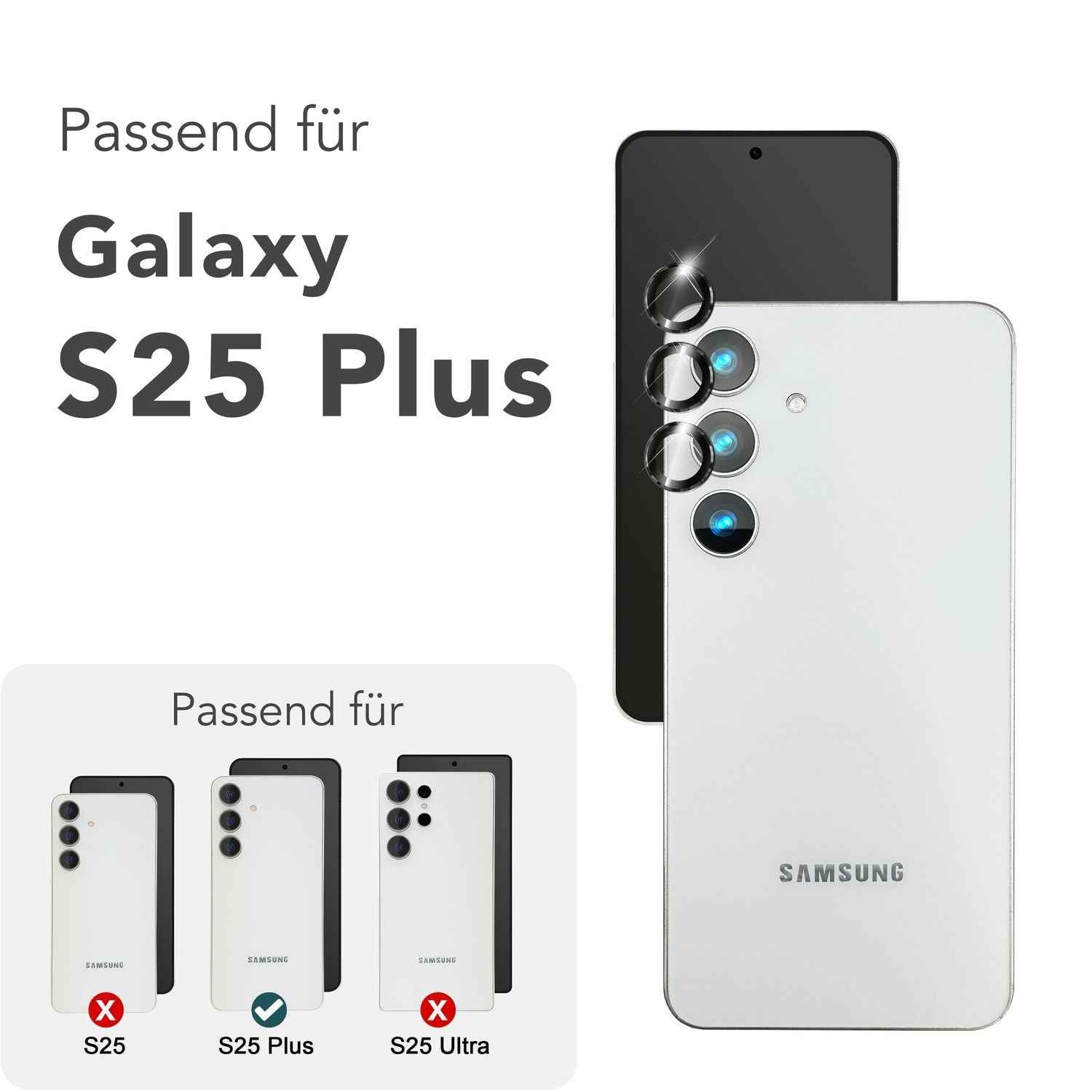 NALIA Focus.Pro CLX für Samsung Galaxy S25 Plus Glas, Reflexionsfreier Kameraschutz, Einzeln Klare Kameragläser mit Farbrahmen, 9H Linsen Ringe für Rück-Kamera, 3 Stück