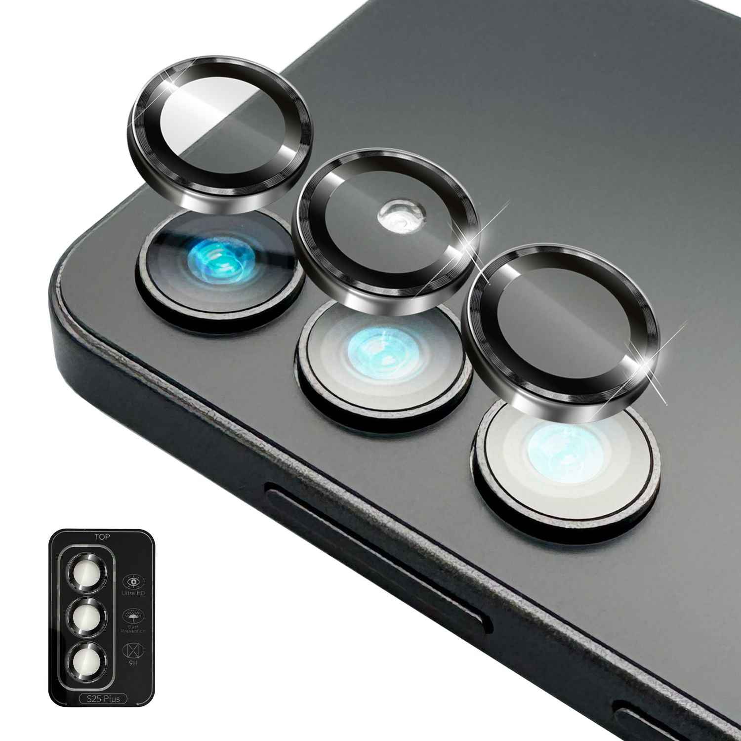 NALIA Focus.Pro CLX für Samsung Galaxy S25 Plus Glas, Reflexionsfreier Kameraschutz, Einzeln Klare Kameragläser mit Farbrahmen, 9H Linsen Ringe für Rück-Kamera, 3 Stück