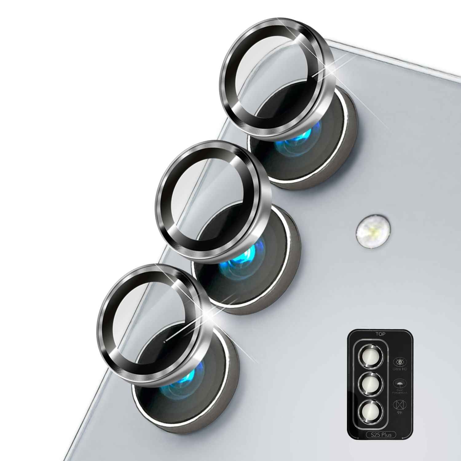 NALIA Focus.Pro CLX für Samsung Galaxy S25 Plus Glas, Reflexionsfreier Kameraschutz, Einzeln Klare Kameragläser mit Farbrahmen, 9H Linsen Ringe für Rück-Kamera, 3 Stück