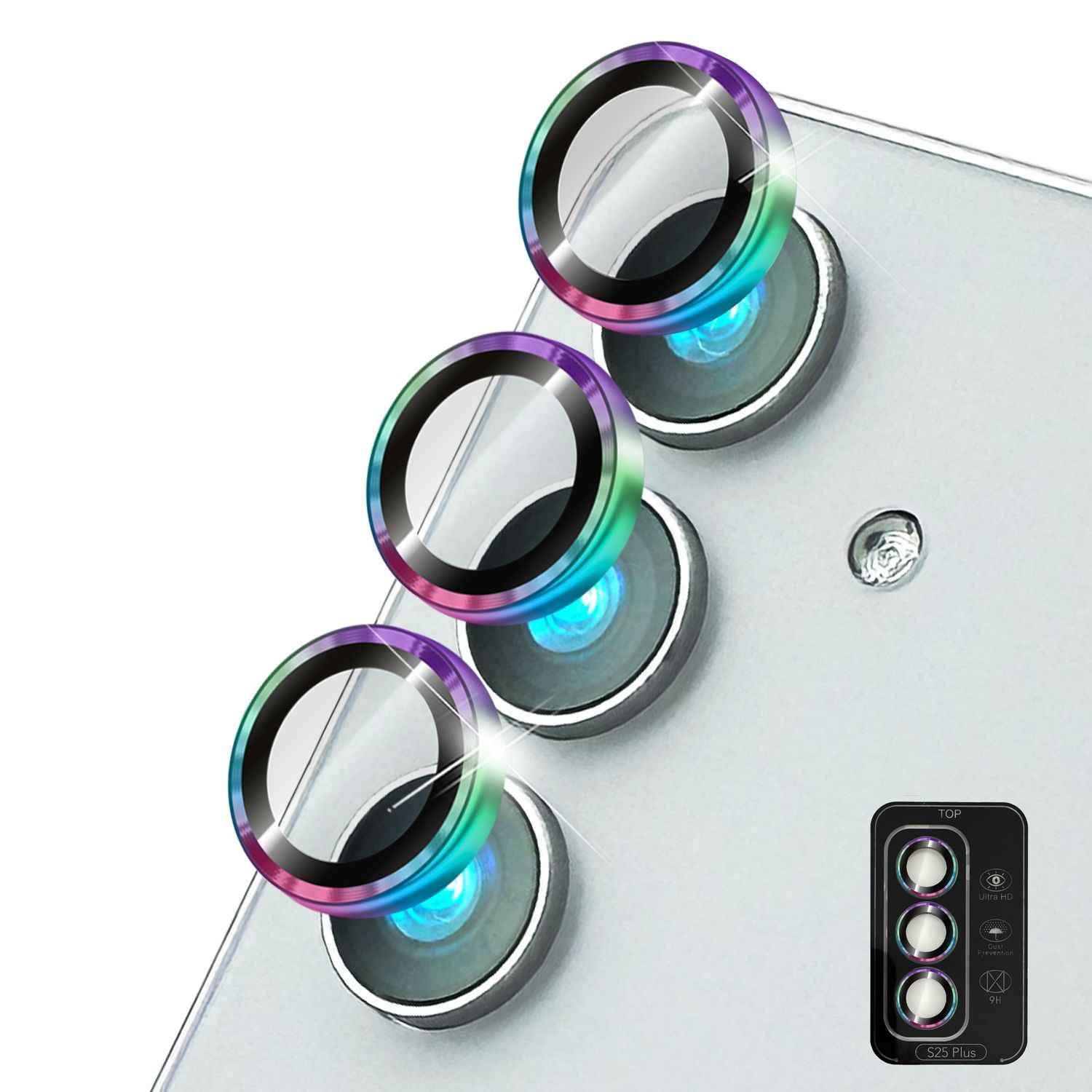 NALIA Focus.Pro CLX für Samsung Galaxy S25 Plus Glas, Reflexionsfreier Kameraschutz, Einzeln Klare Kameragläser mit Farbrahmen, 9H Linsen Ringe für Rück-Kamera, 3 Stück
