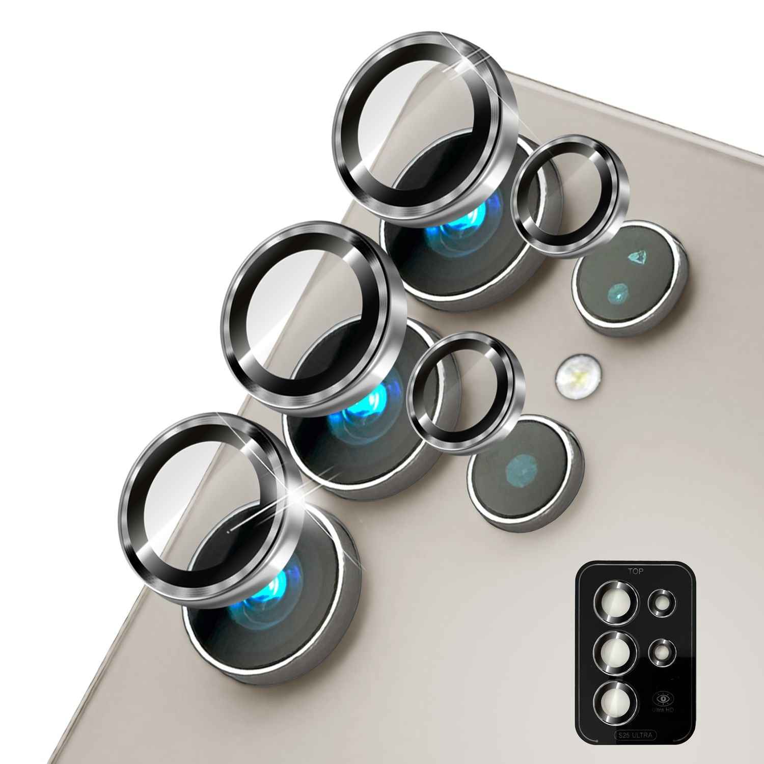 NALIA Focus.Pro CLX für Samsung Galaxy S25 Ultra Glas, Reflexionsfreier Kameraschutz, Einzeln Klare Kameraglas Ringe mit Farbrand, Linsenschutz für Rück-Kamera, 5 Stück