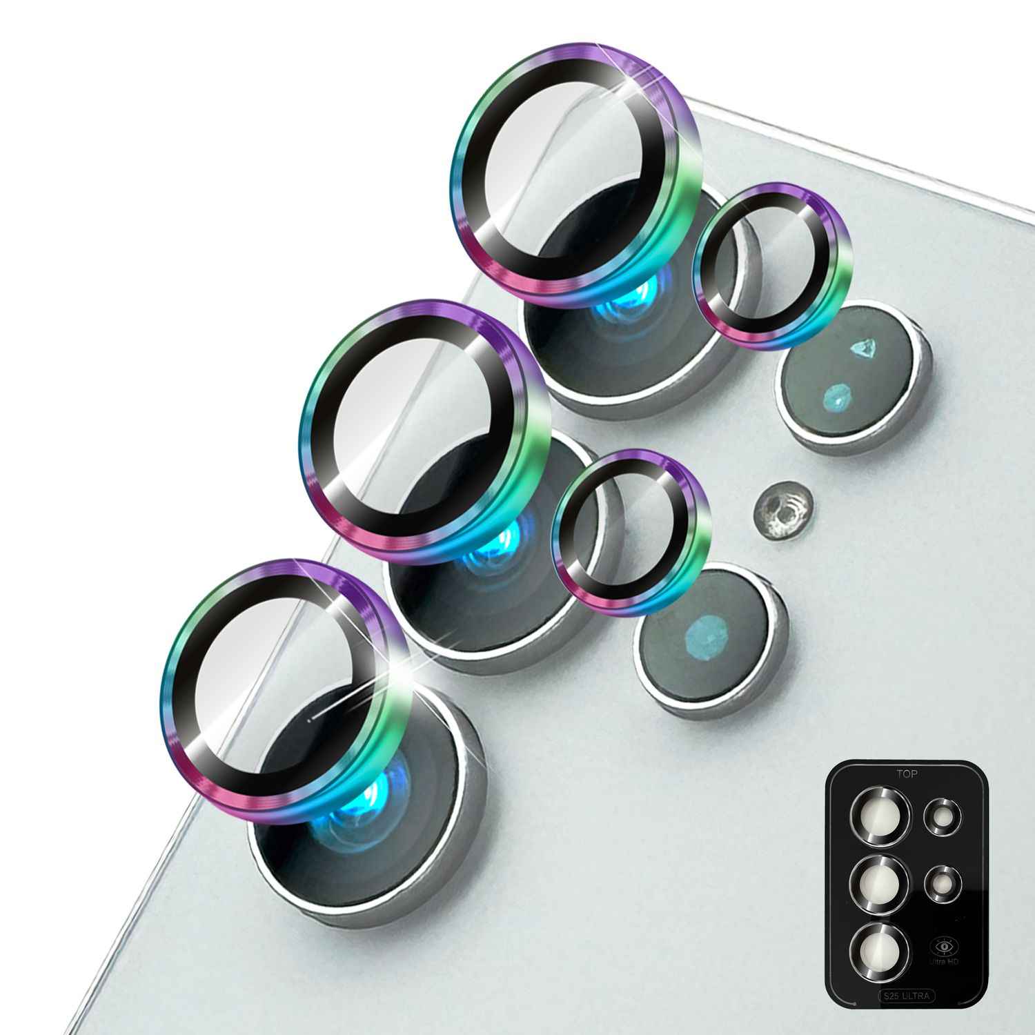 NALIA Focus.Pro CLX für Samsung Galaxy S25 Ultra Glas, Reflexionsfreier Kameraschutz, Einzeln Klare Kameraglas Ringe mit Farbrand, Linsenschutz für Rück-Kamera, 5 Stück