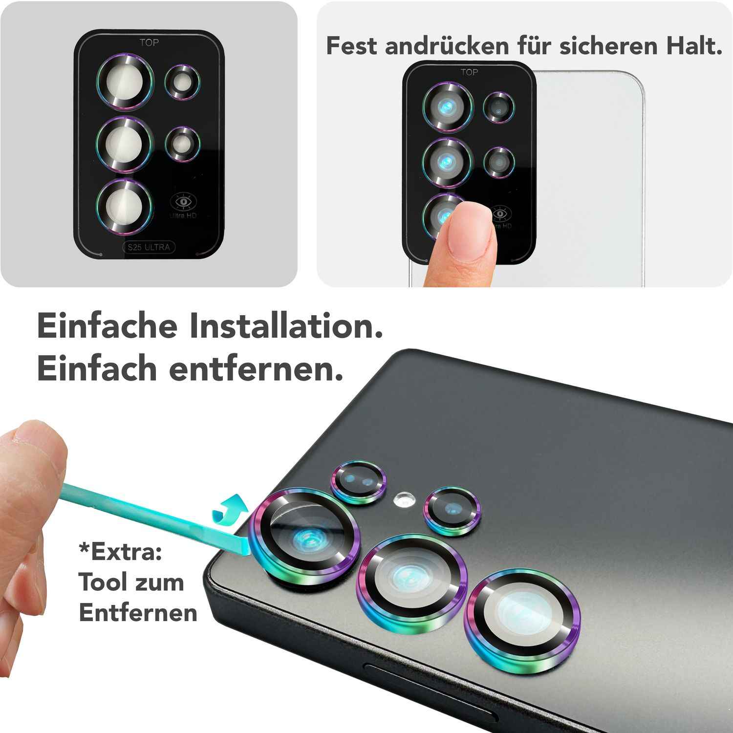 NALIA Focus.Pro CLX für Samsung Galaxy S25 Ultra Glas, Reflexionsfreier Kameraschutz, Einzeln Klare Kameraglas Ringe mit Farbrand, Linsenschutz für Rück-Kamera, 5 Stück