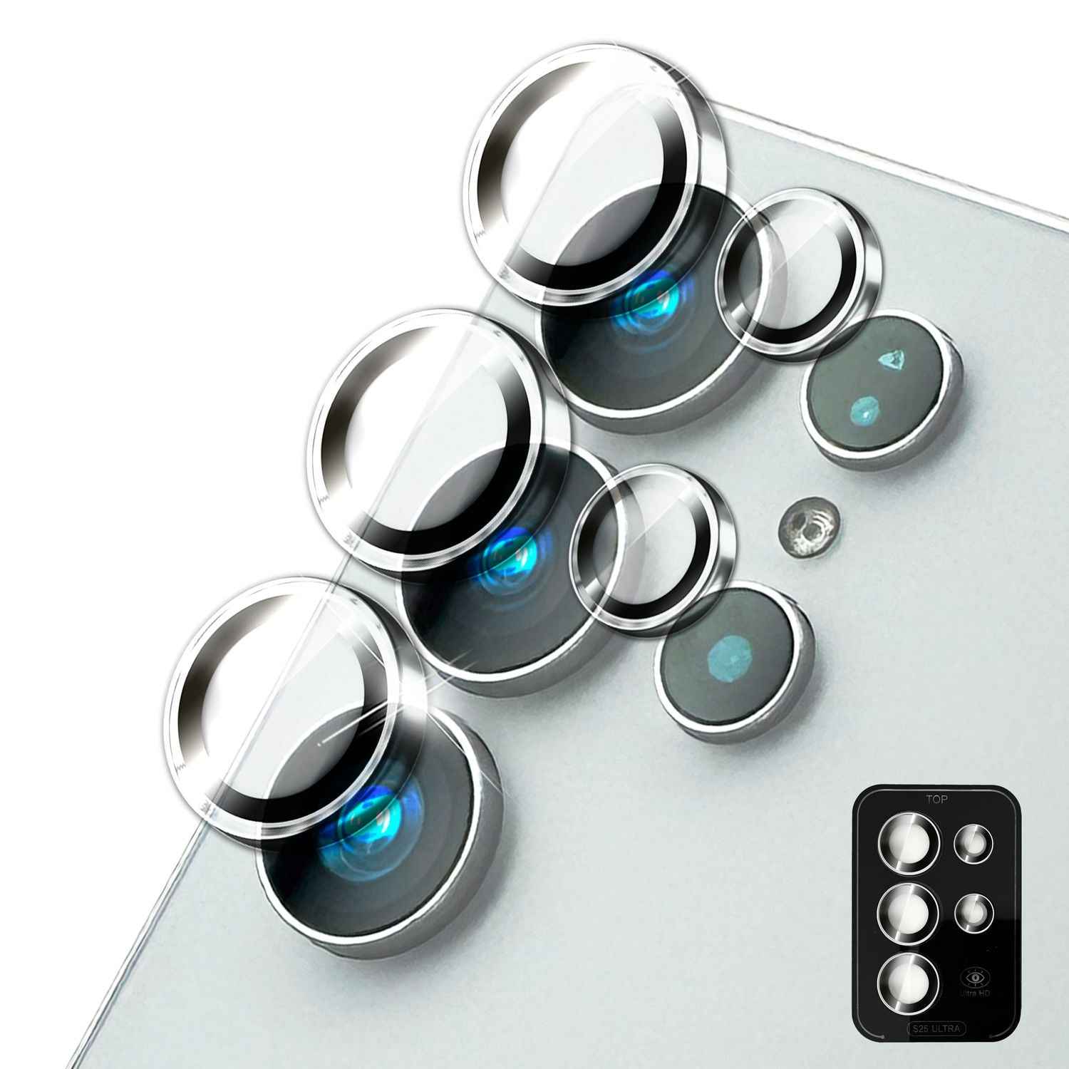 NALIA Focus.Pro CLX für Samsung Galaxy S25 Ultra Glas, Reflexionsfreier Kameraschutz, Einzeln Klare Kameraglas Ringe mit Farbrand, Linsenschutz für Rück-Kamera, 5 Stück