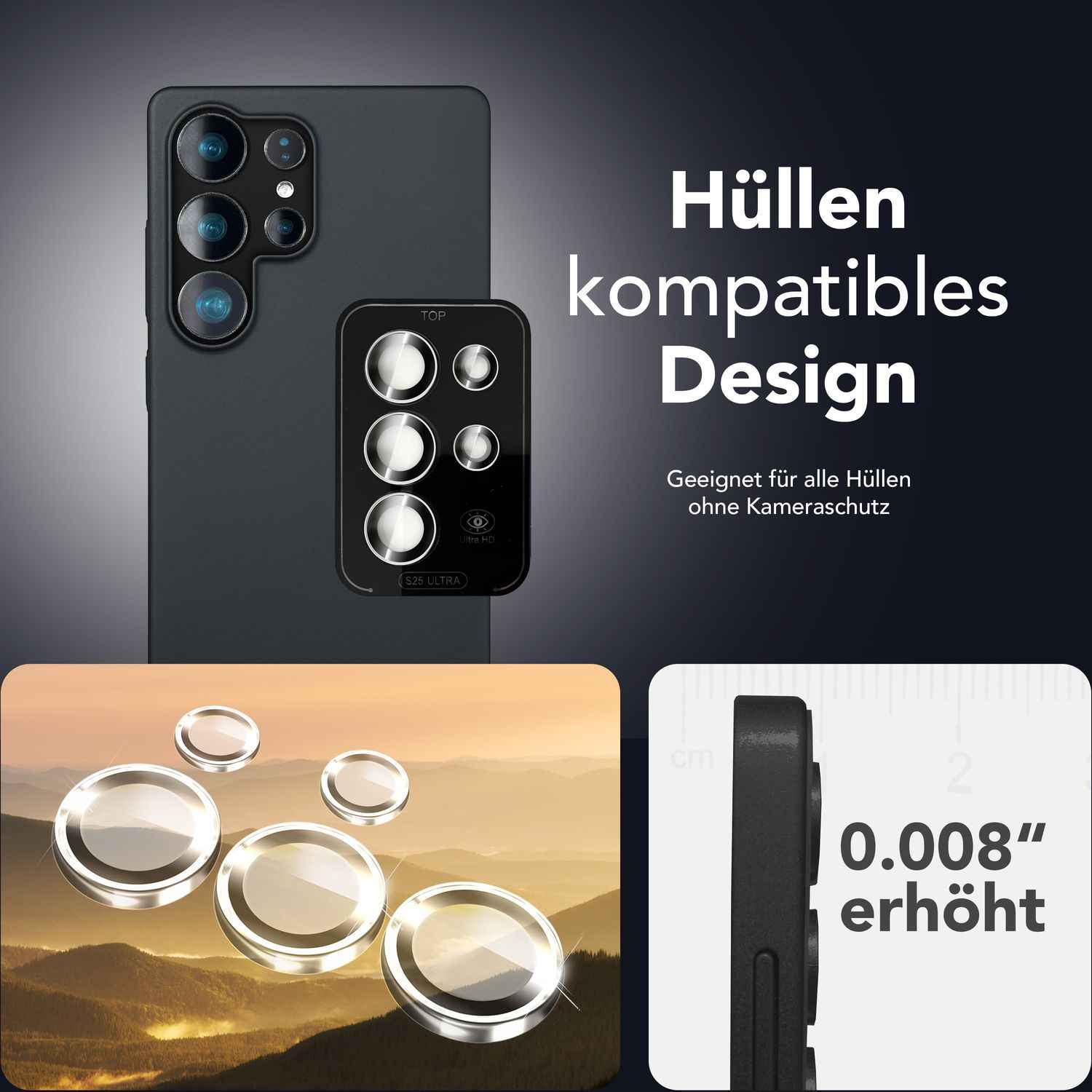 NALIA Focus.Pro CLX für Samsung Galaxy S25 Ultra Glas, Reflexionsfreier Kameraschutz, Einzeln Klare Kameraglas Ringe mit Farbrand, Linsenschutz für Rück-Kamera, 5 Stück