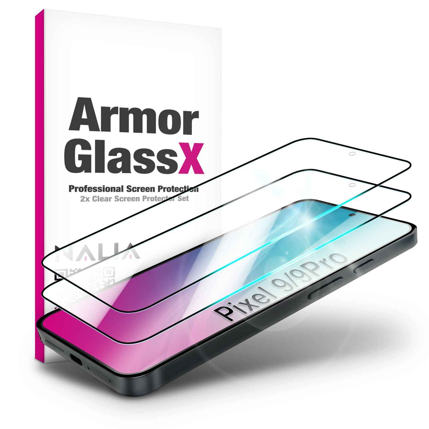 NALIA ArmorGlassX für Google Pixel 9 / Pixel 9 Pro Glas, Set 2x Schutzglas [9H], Kristallklar mit schwarzem Rahmen, Berührungsempfindlich, Anti-Kratzer, Einfache Montage