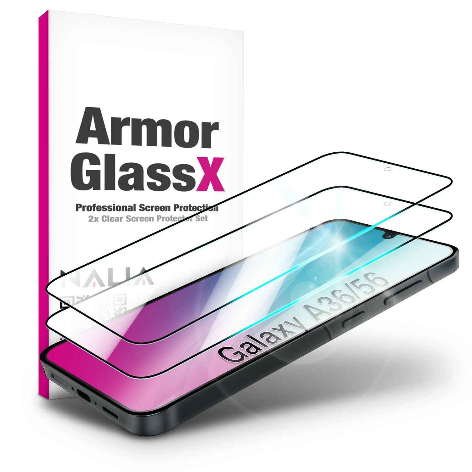 NALIA ArmorGlassX für Samsung Galaxy A36 / A56 Glas, Set 2x Schutzglas [9H], Transparentes Hartglas mit schwarzem Rahmen, Touchfreundlich, Anti-Fingerprint, Kratzresistent