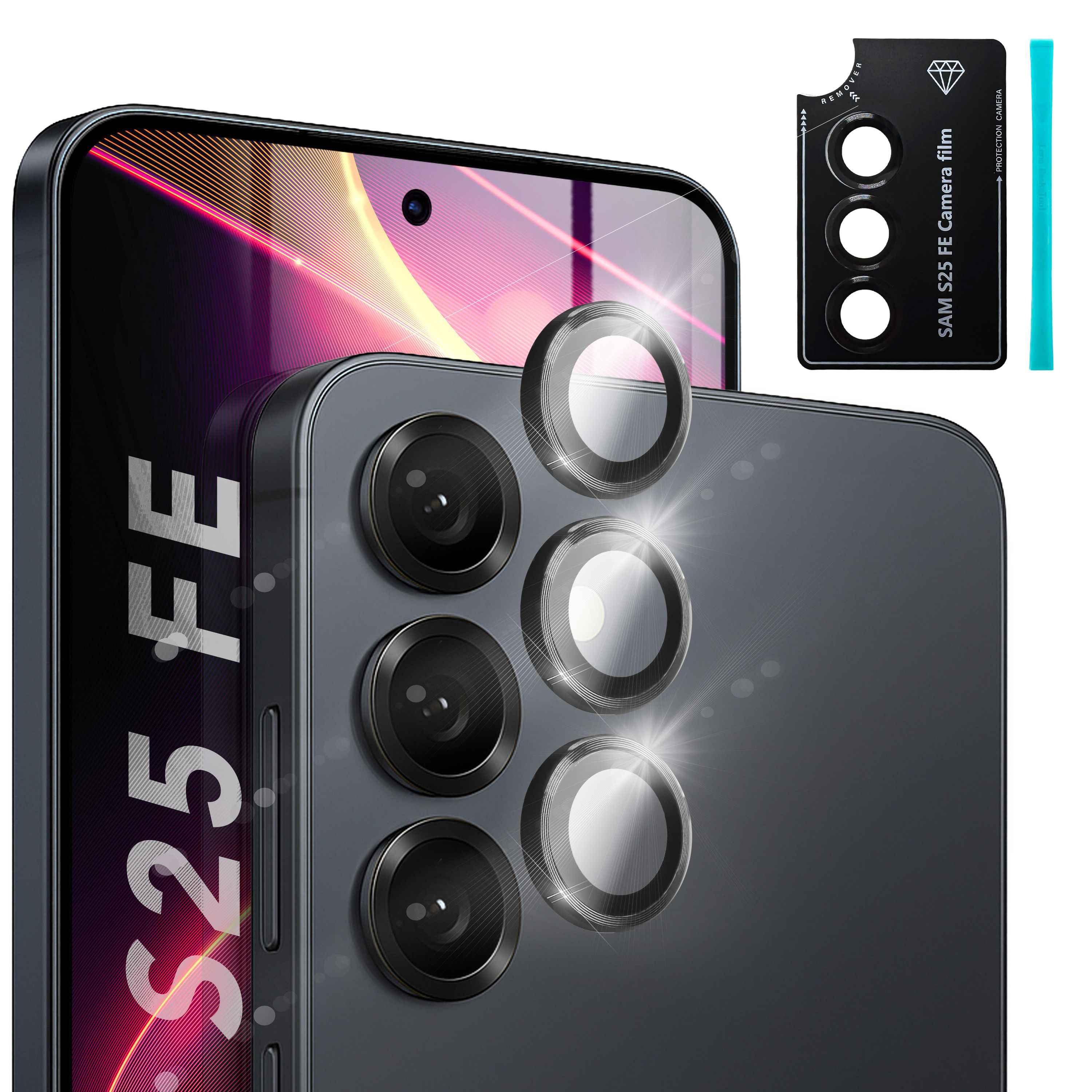 NALIA Kamera Glas Focus.Pro CLX für Samsung Galaxy S25 FE (Glasklare Aufnahmen) - Kameraschutz, 9H Linsenglas, Anti-Reflex Ringe, Klar, Selbstklebend, Hüllen-freundlich, 3 Stück