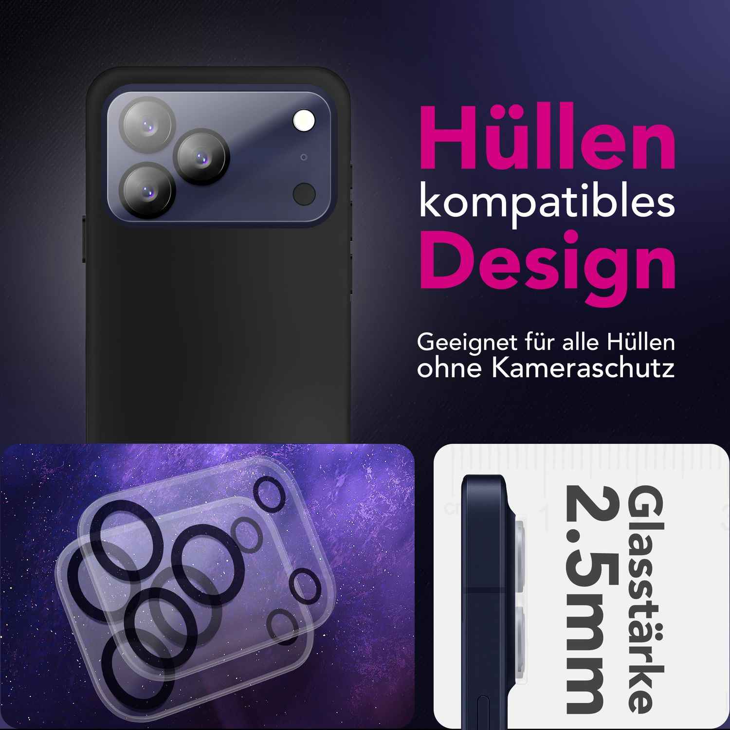 NALIA Kameraglas Focus.X2 MAX für Apple iPhone 17 Pro (Klarer Kameraschutz) – 2er Set, 9H Schutzglas mit Anti-Reflexion Ringen, Vollständige Linsenabdeckung, Hüllen-freundlich