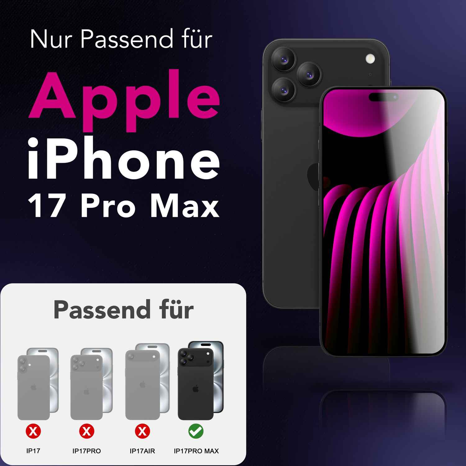 NALIA Privacy Schutzglas AntiSpyX für Apple iPhone 17 Pro Max (Diskreter Blickschutz) - Display Glas 9H Härte, Anti-Spy Sichtschutz, Kratzfest, Touch-sensitiv, Hüllen-freundlich
