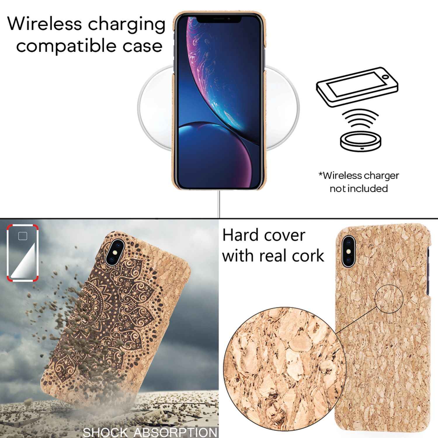 NALIA Kork Hülle für Apple iPhone X XS, Handy Hard Case Holz Look Schutz Cover