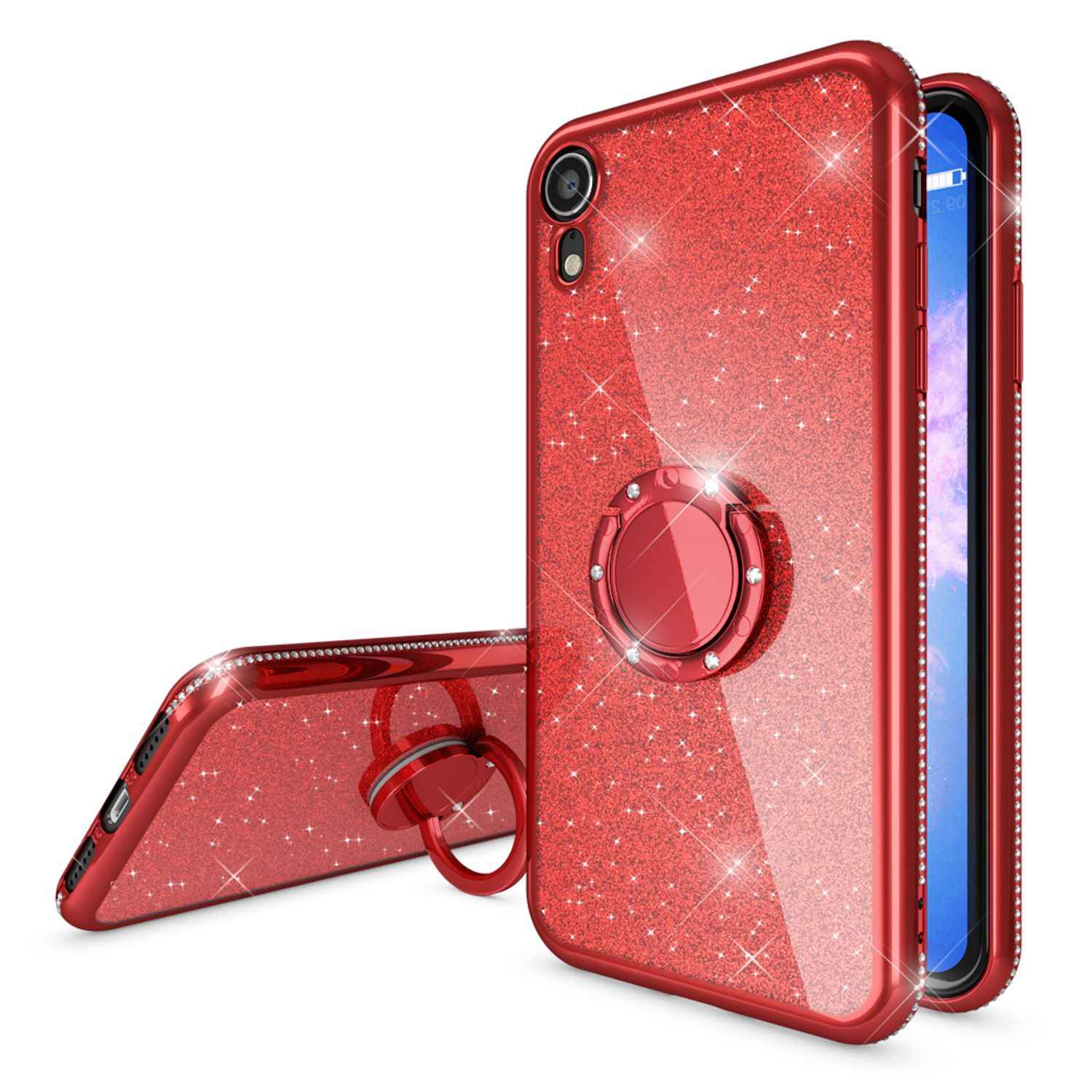 NALIA Ring Hülle für Apple iPhone XR, Glitzer Handy Hülle Silikon Cover Case