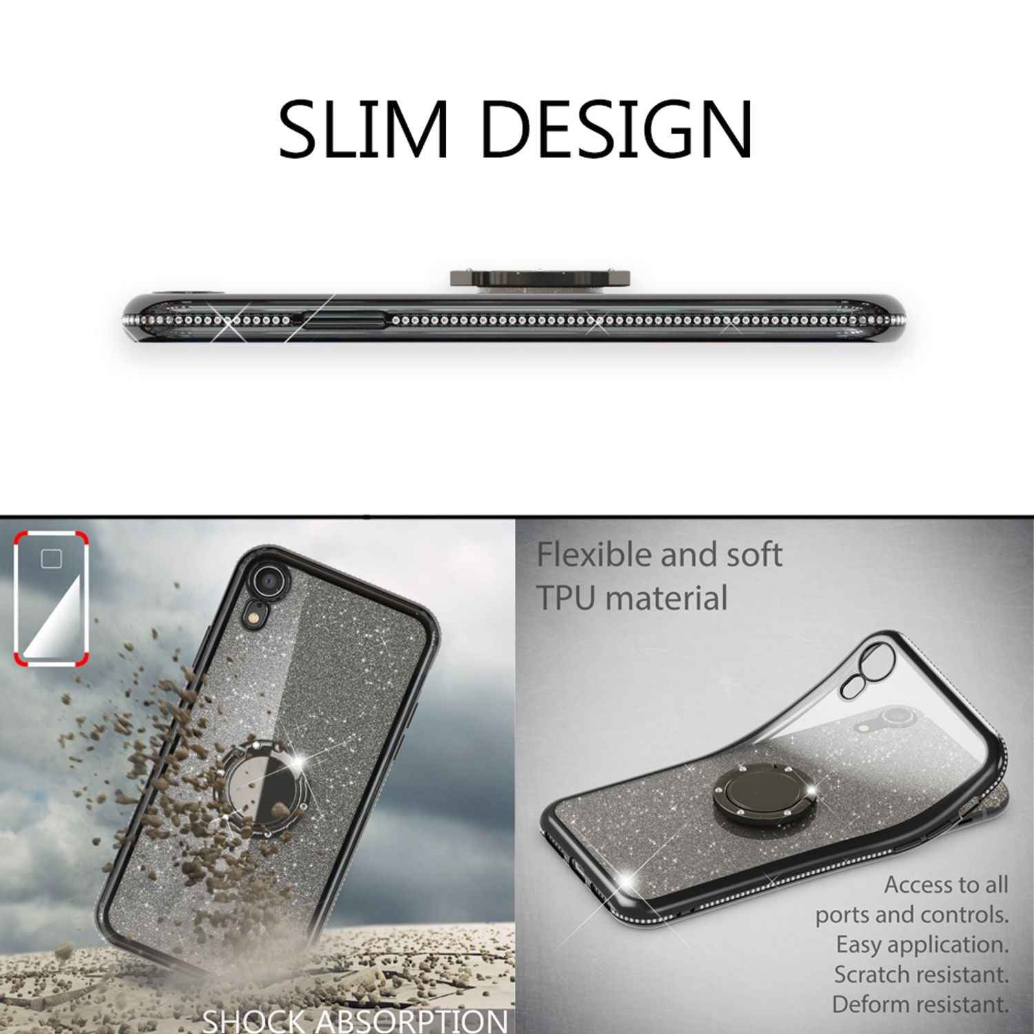 NALIA Ring Hülle für Apple iPhone XR, Glitzer Handy Hülle Silikon Cover Case