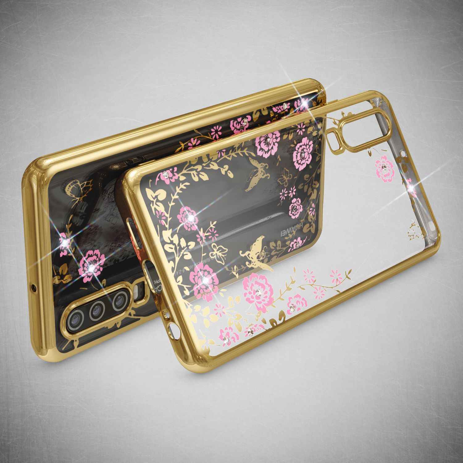 NALIA Handy Hülle für Huawei P30, Blumen-Muster Metall-Optik Schutz Cover Case