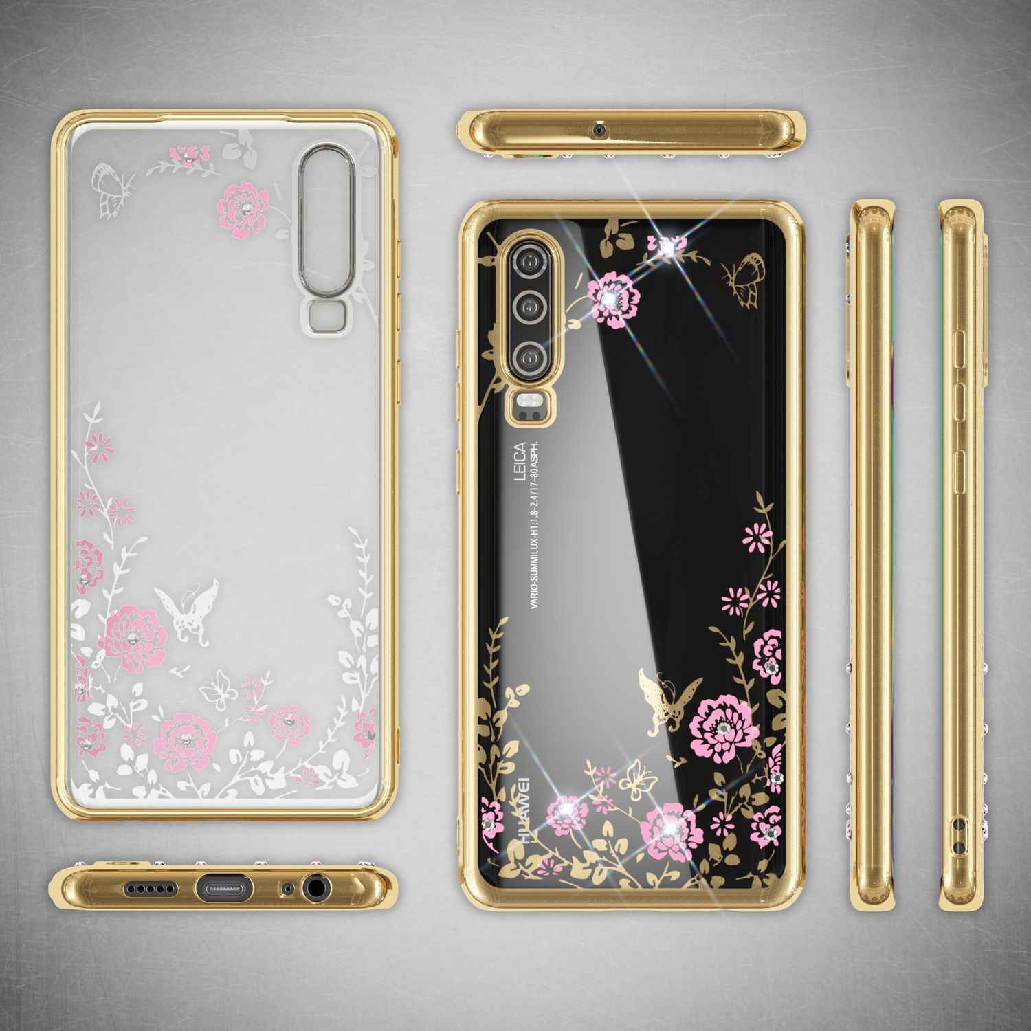 NALIA Handy Hülle für Huawei P30, Blumen-Muster Metall-Optik Schutz Cover Case