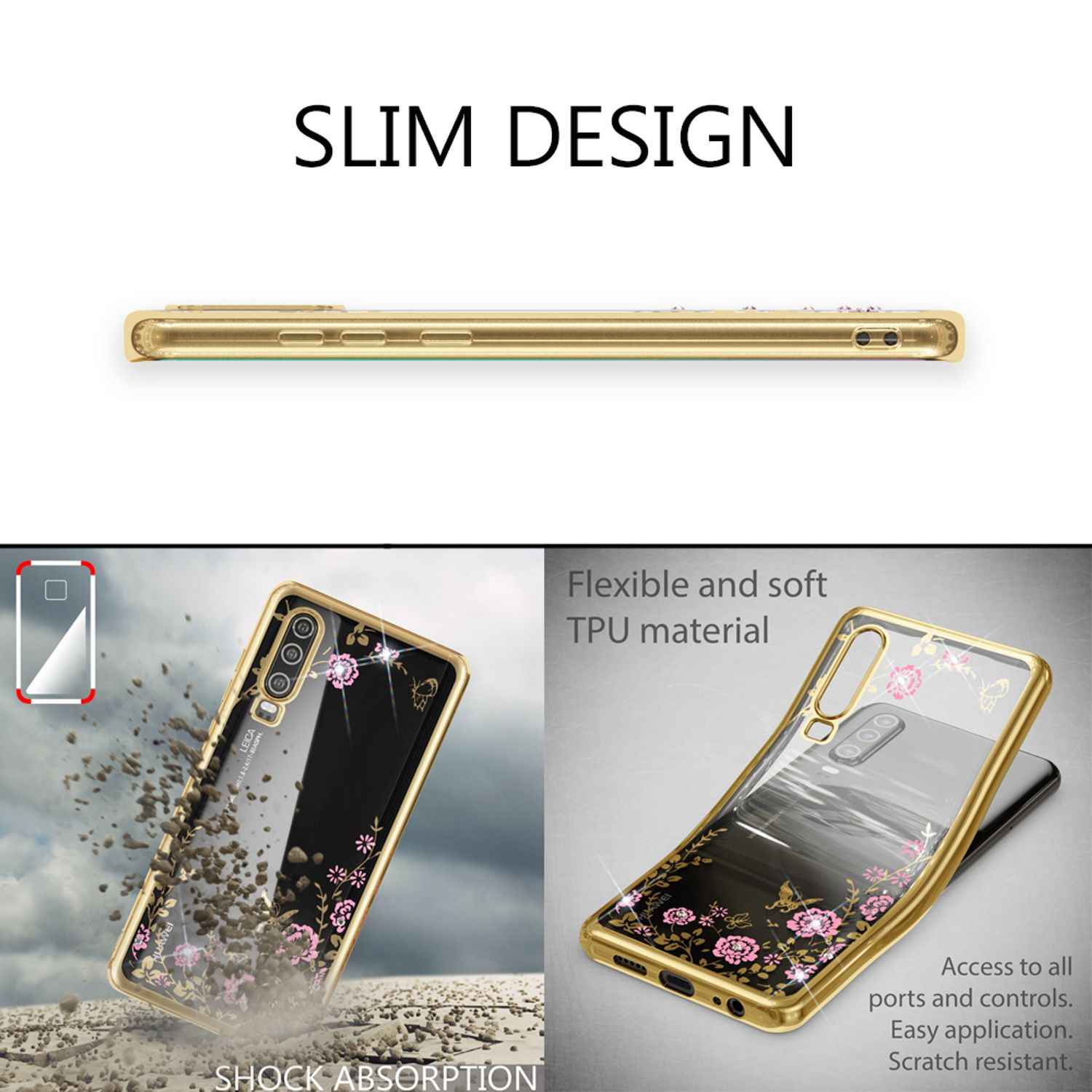 NALIA Handy Hülle für Huawei P30, Blumen-Muster Metall-Optik Schutz Cover Case