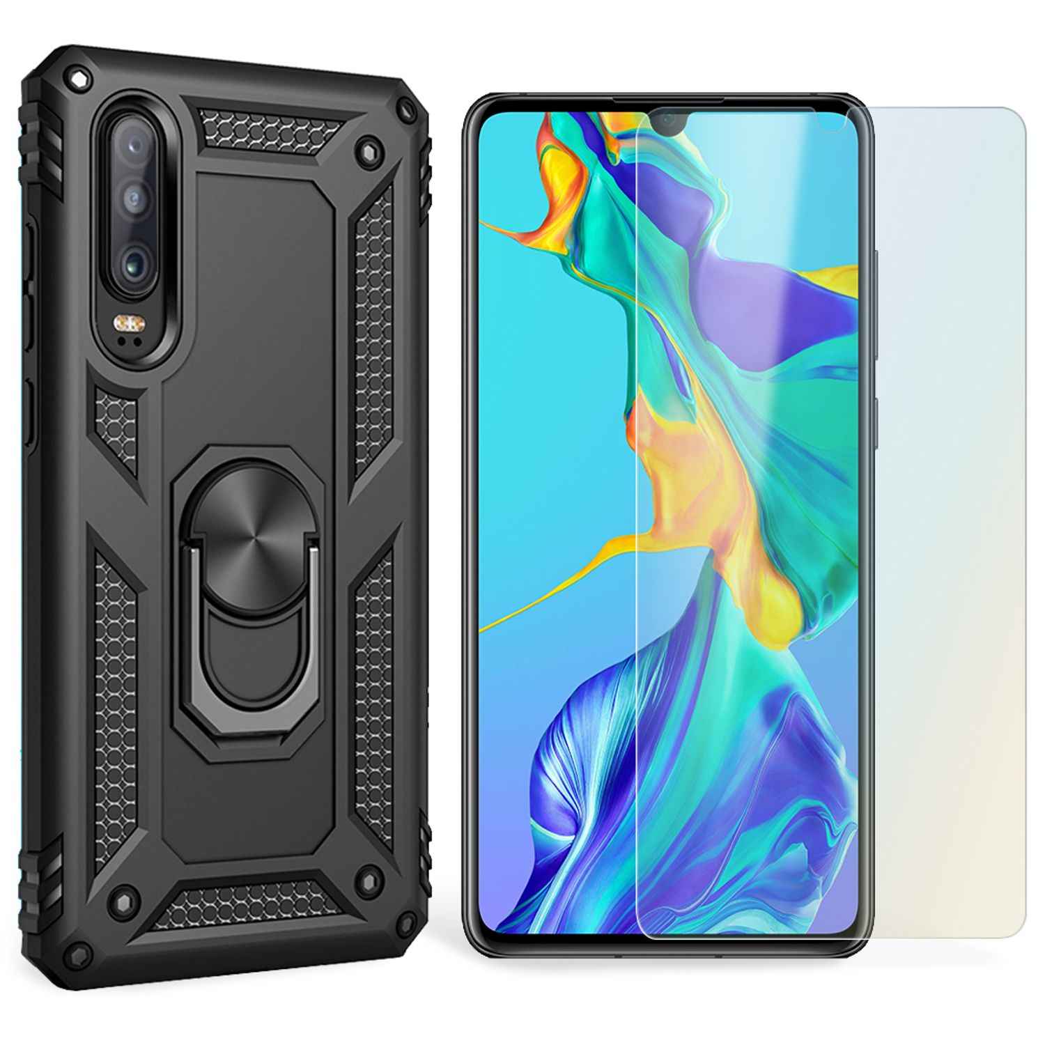 NALIA Ring Handy Hülle für Huawei P30, Case Cover Bumper Display Schutz Glas