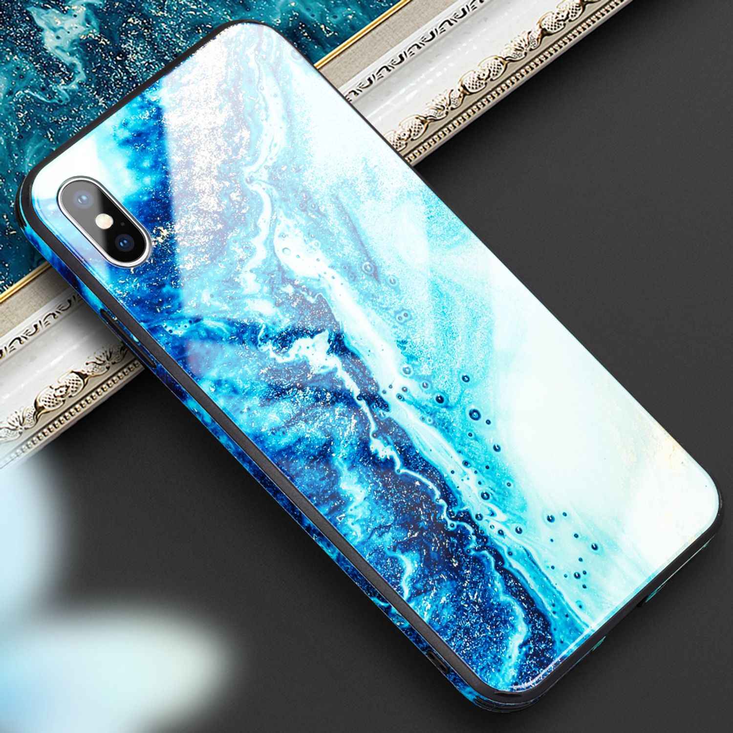 NALIA Handy Hülle für iPhone XS Max, Hartglas Marmor Design Schutz Case Cover