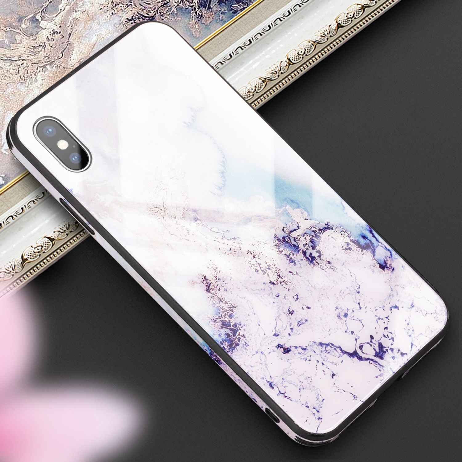 NALIA Handy Hülle für iPhone XS Max, Hartglas Marmor Design Schutz Case Cover
