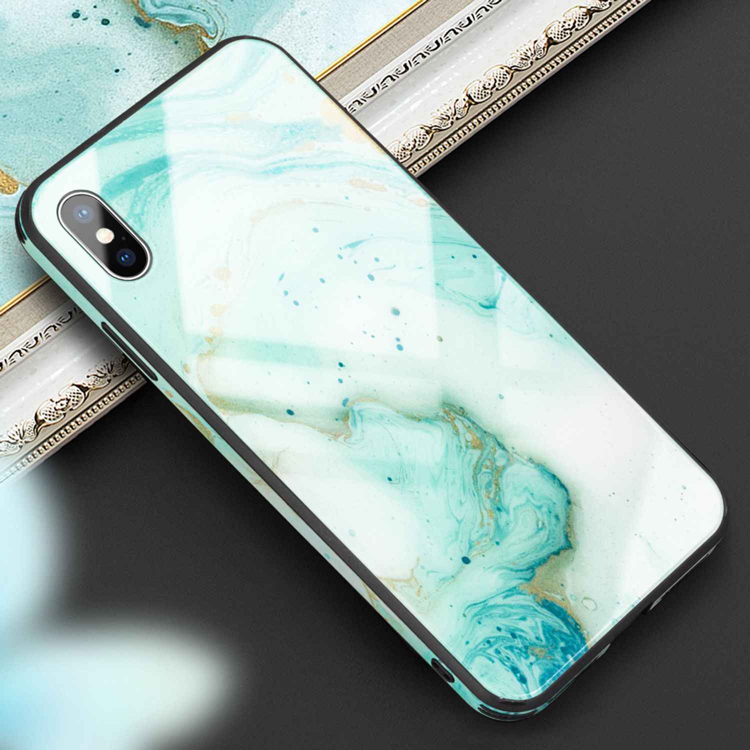 NALIA Handy Hülle für iPhone XS Max, Hartglas Marmor Design Schutz Case Cover