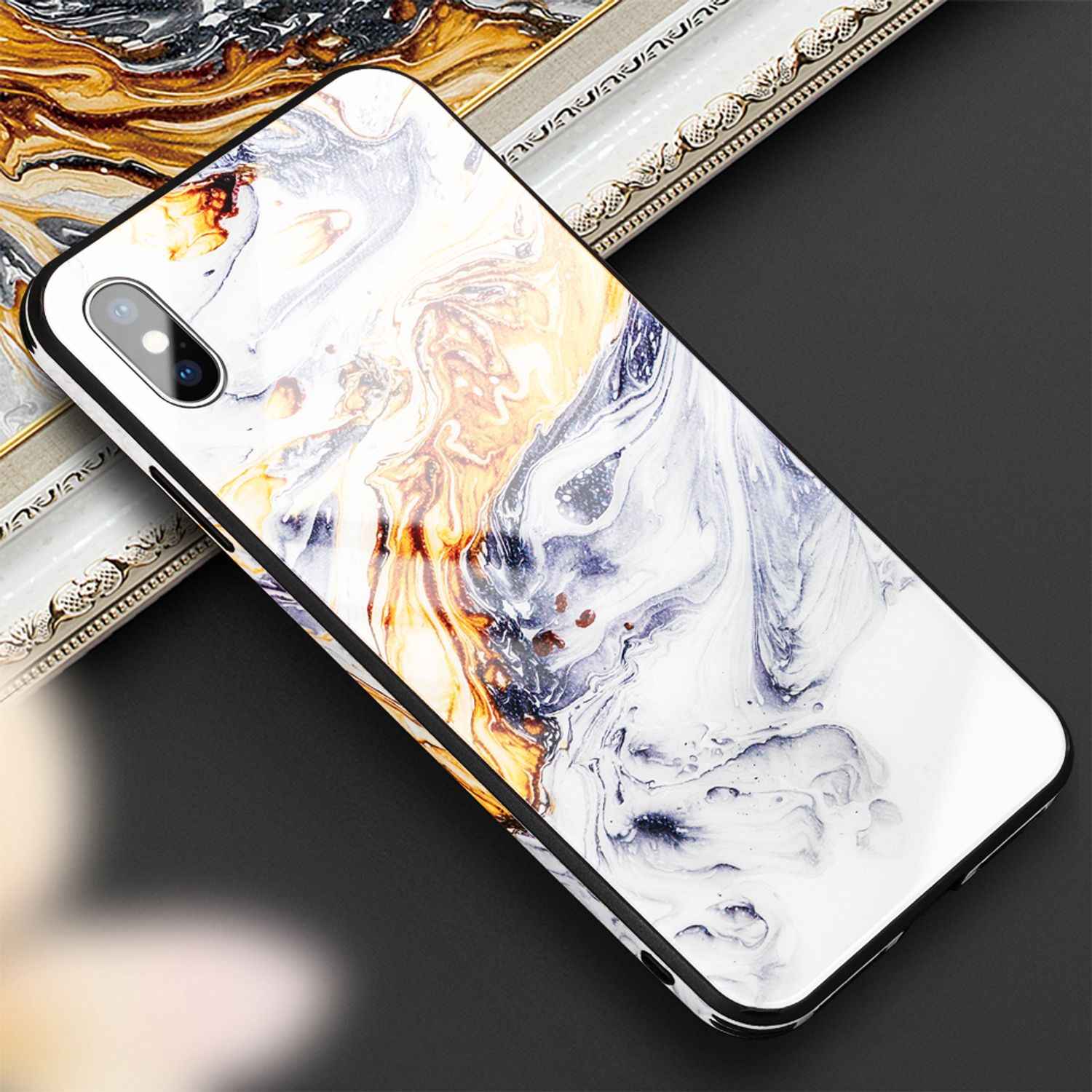 NALIA Handy Hülle für iPhone XS Max, Hartglas Marmor Design Schutz Case Cover