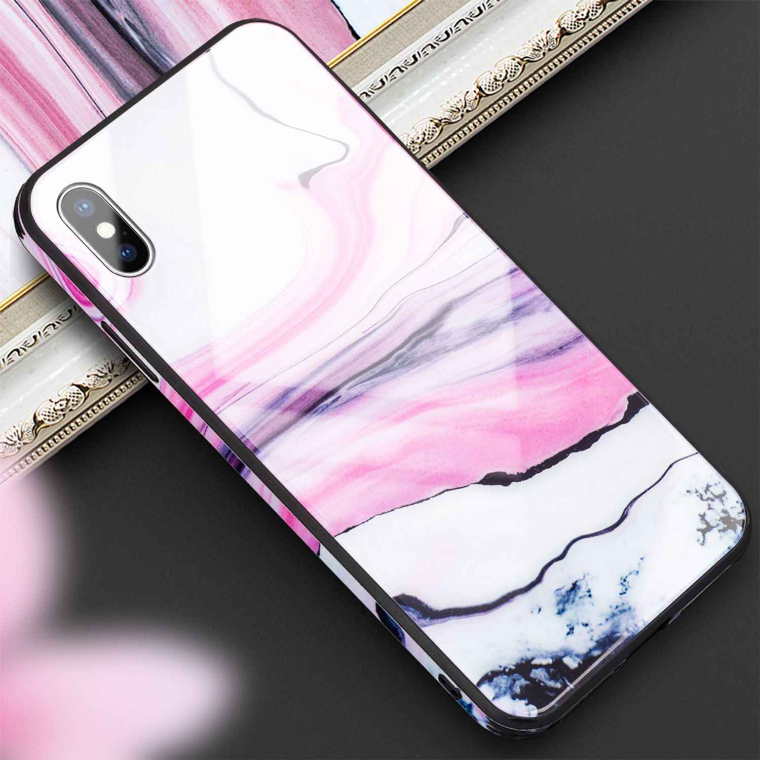 NALIA Handy Hülle für iPhone XS Max, Hartglas Marmor Design Schutz Case Cover