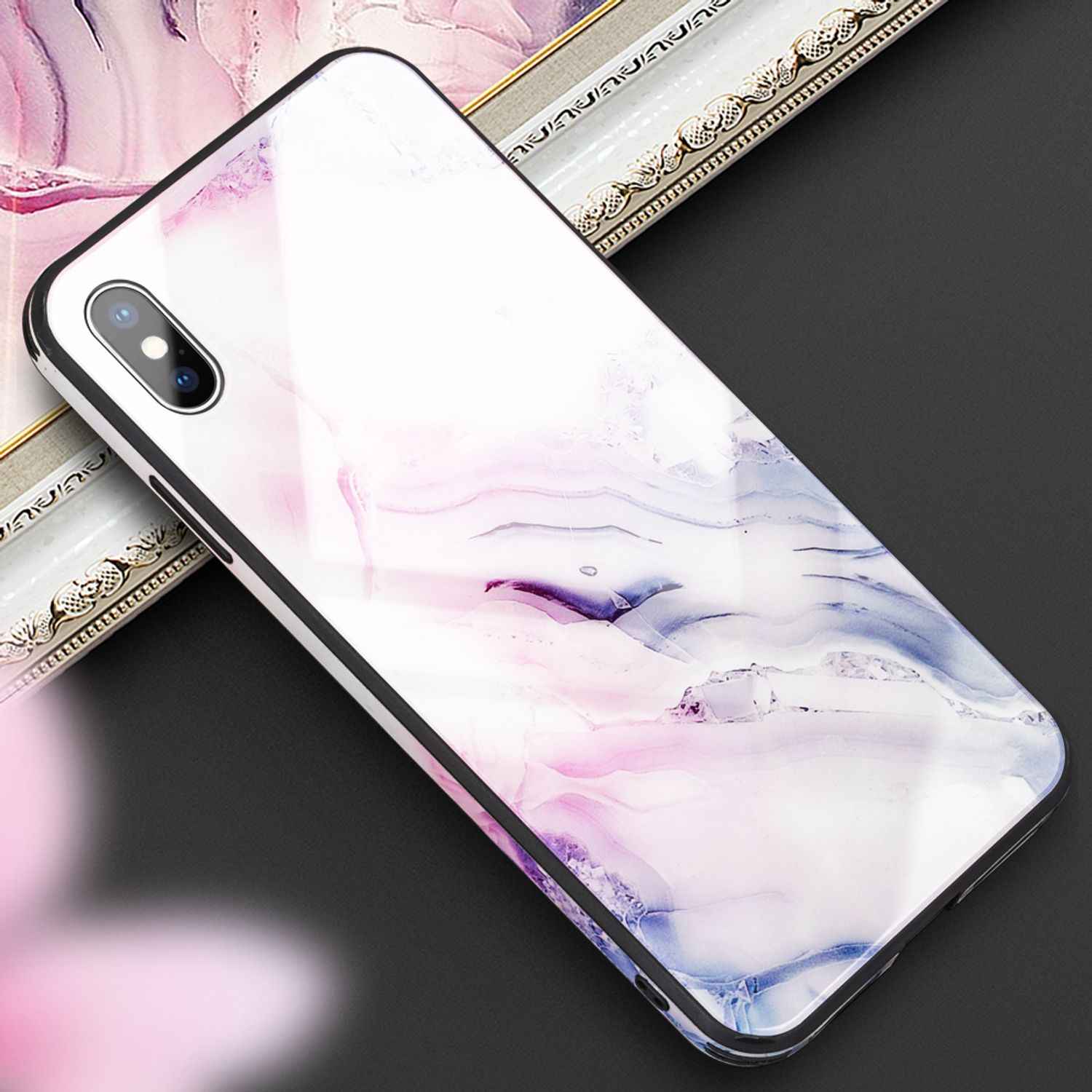NALIA Handy Hülle für iPhone XS Max, Hartglas Marmor Design Schutz Case Cover