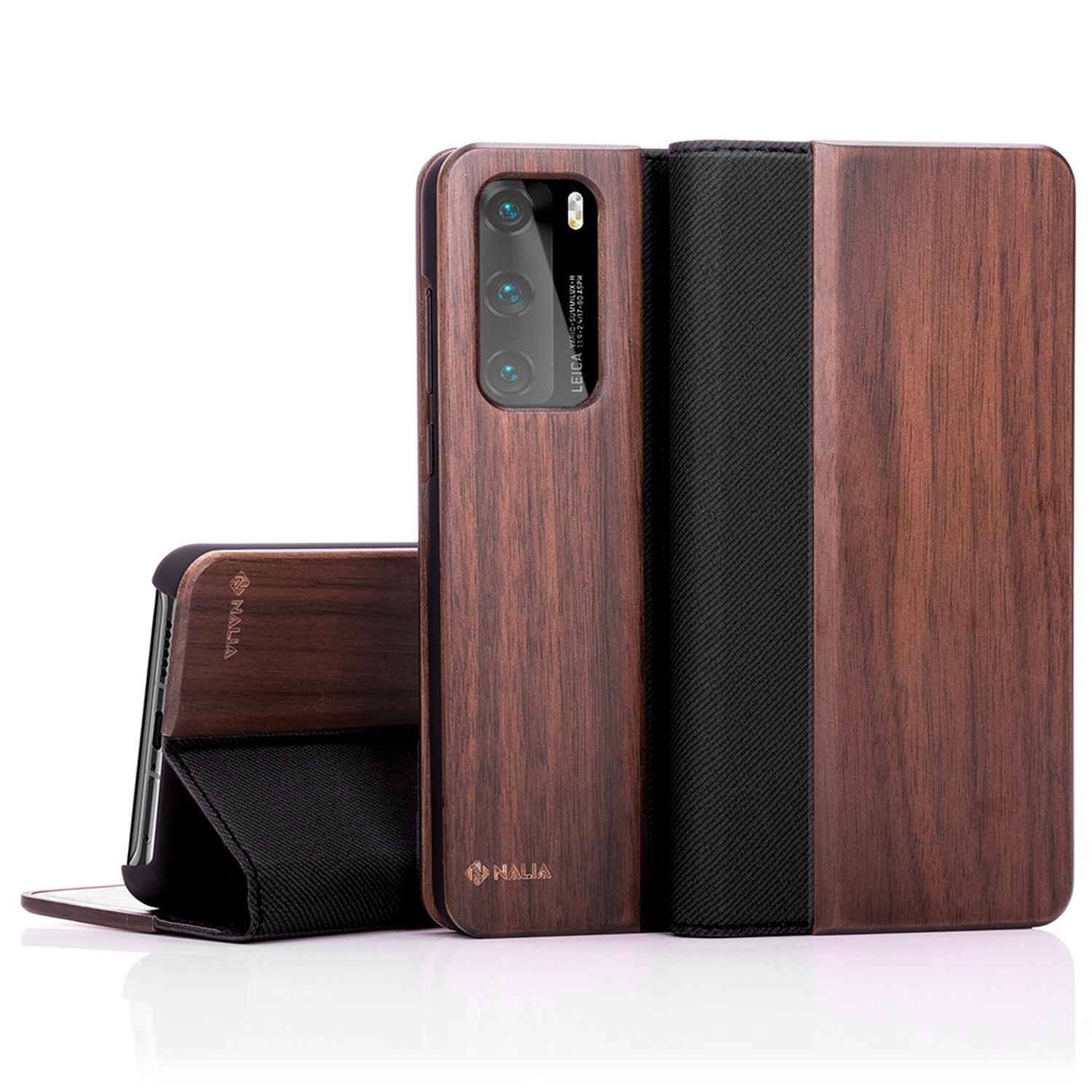 NALIA Echt Holz Flip Case für Huawei P40, Wood Etui Handy Hülle Klapp Cover 360°
