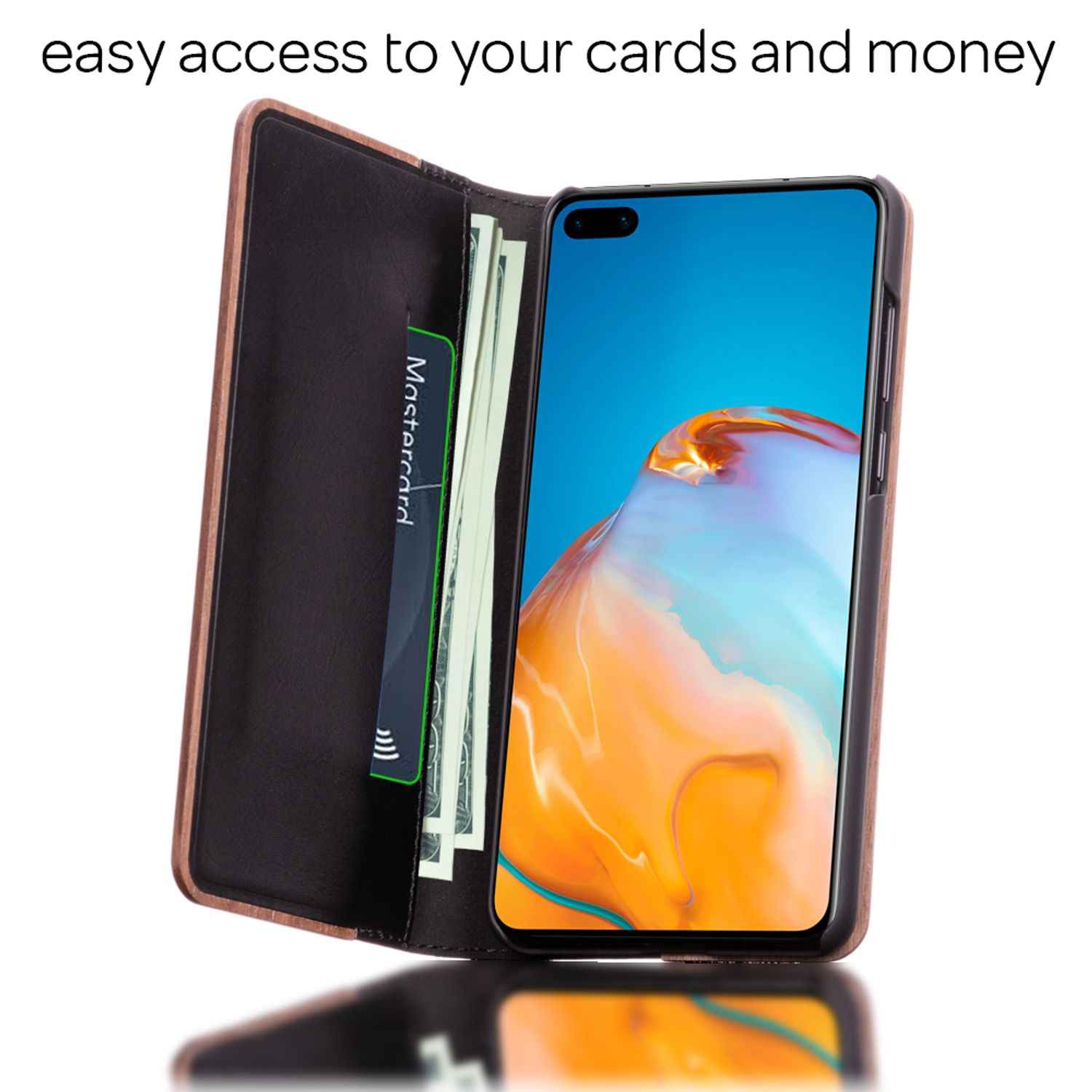 NALIA Echt Holz Flip Case für Huawei P40, Wood Etui Handy Hülle Klapp Cover 360°