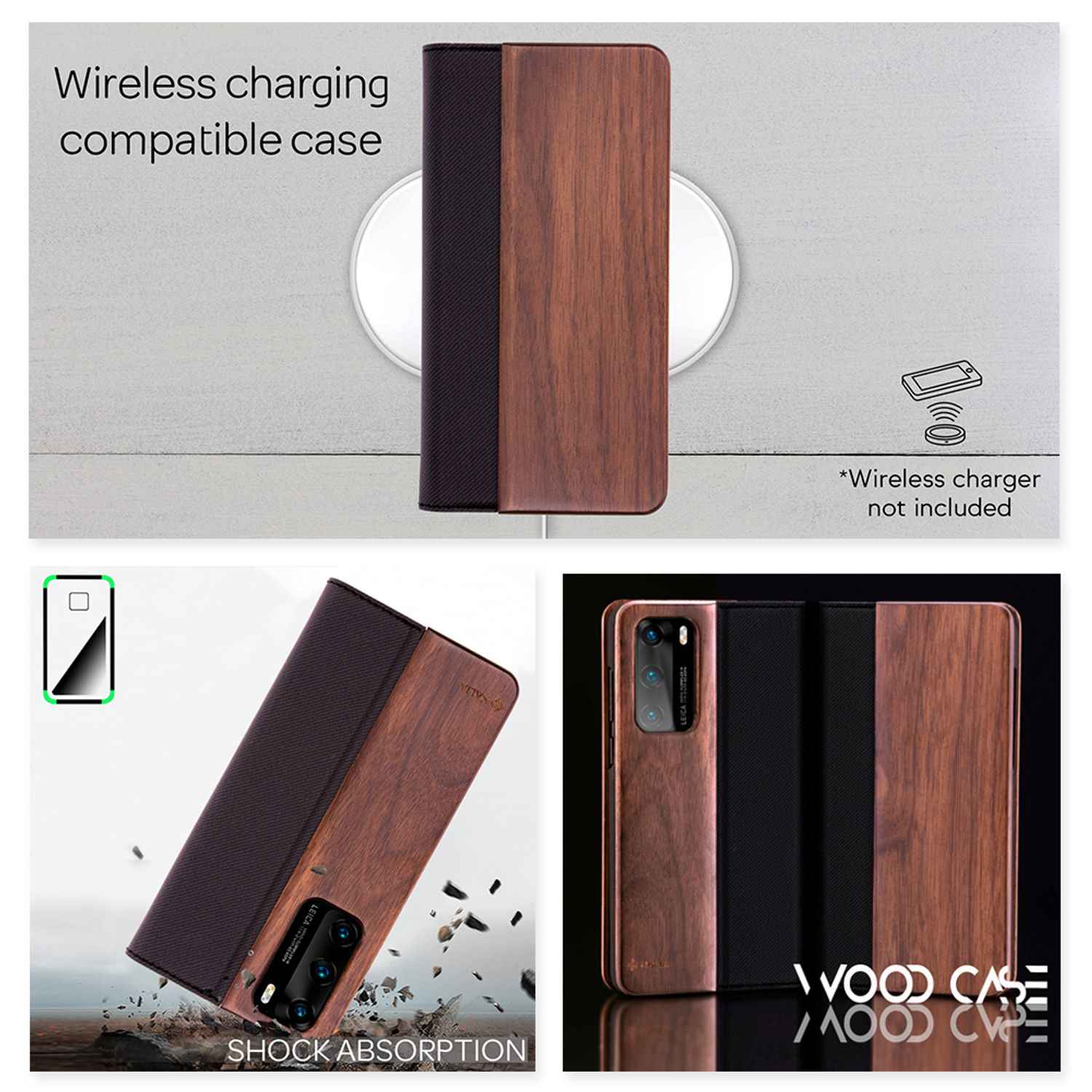 NALIA Echt Holz Flip Case für Huawei P40, Wood Etui Handy Hülle Klapp Cover 360°