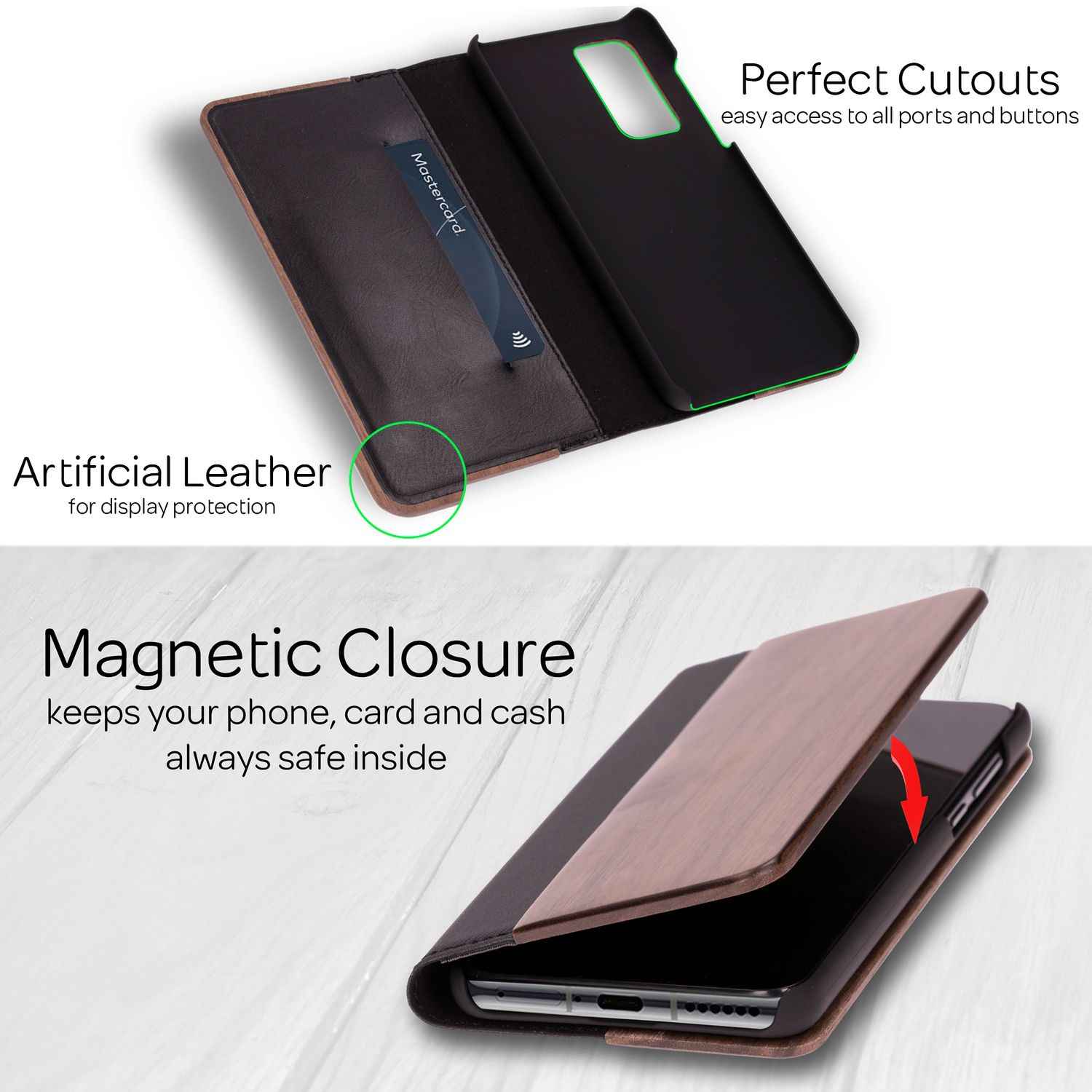 NALIA Echt Holz Flip Case für Huawei P40, Wood Etui Handy Hülle Klapp Cover 360°