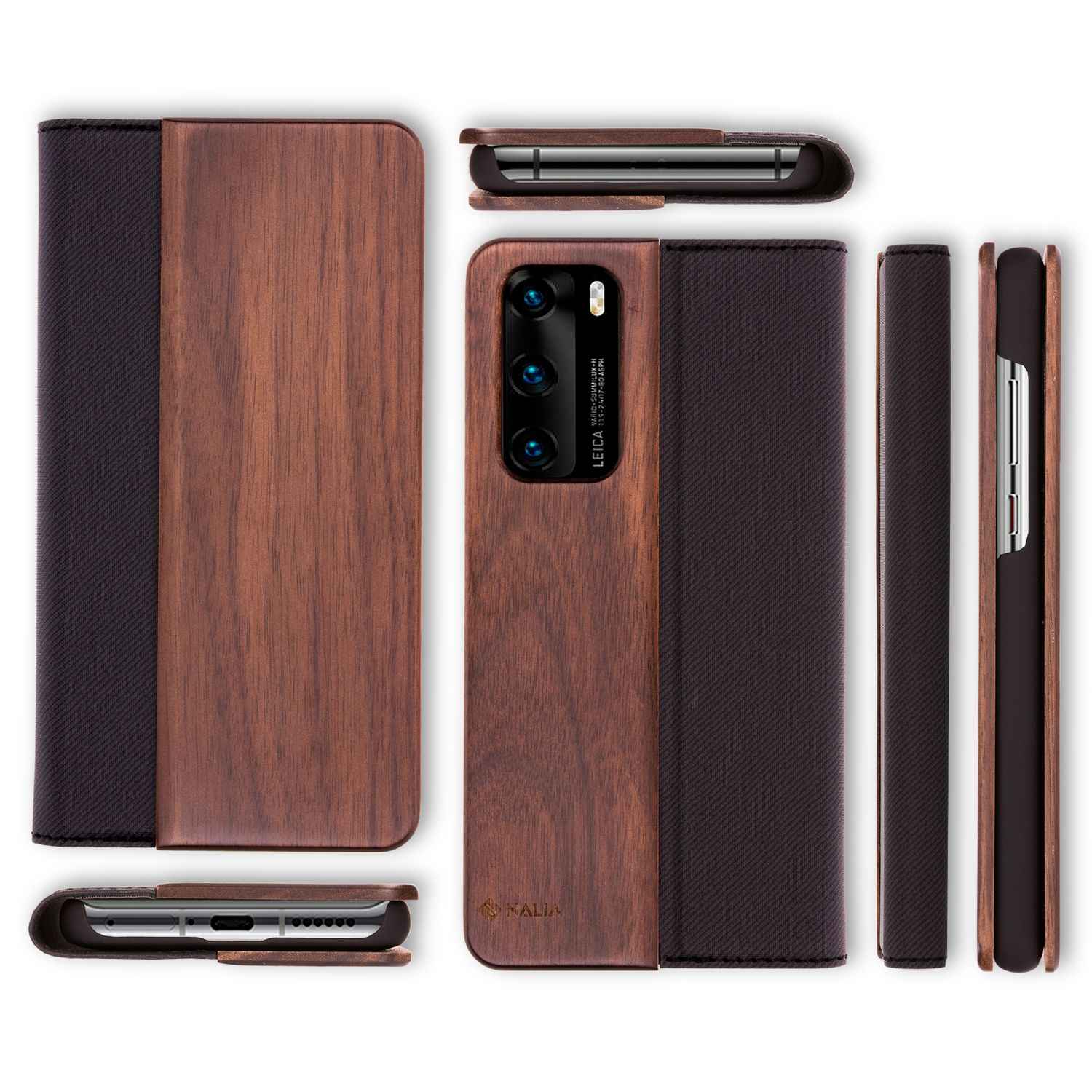 NALIA Echt Holz Flip Case für Huawei P40, Wood Etui Handy Hülle Klapp Cover 360°