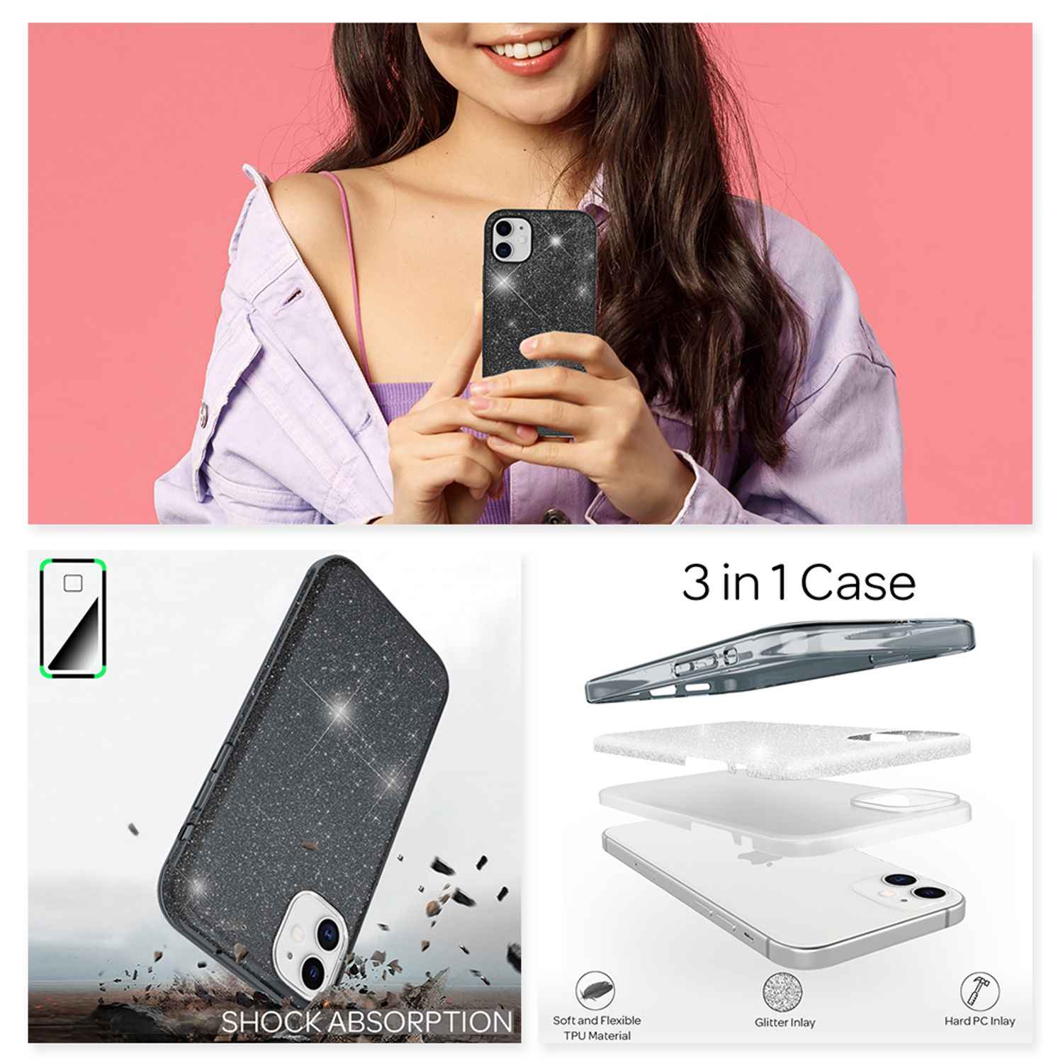 NALIA Glitzer Handy Hülle für iPhone 12 Mini, Bling Case Glitter Cover Schutz