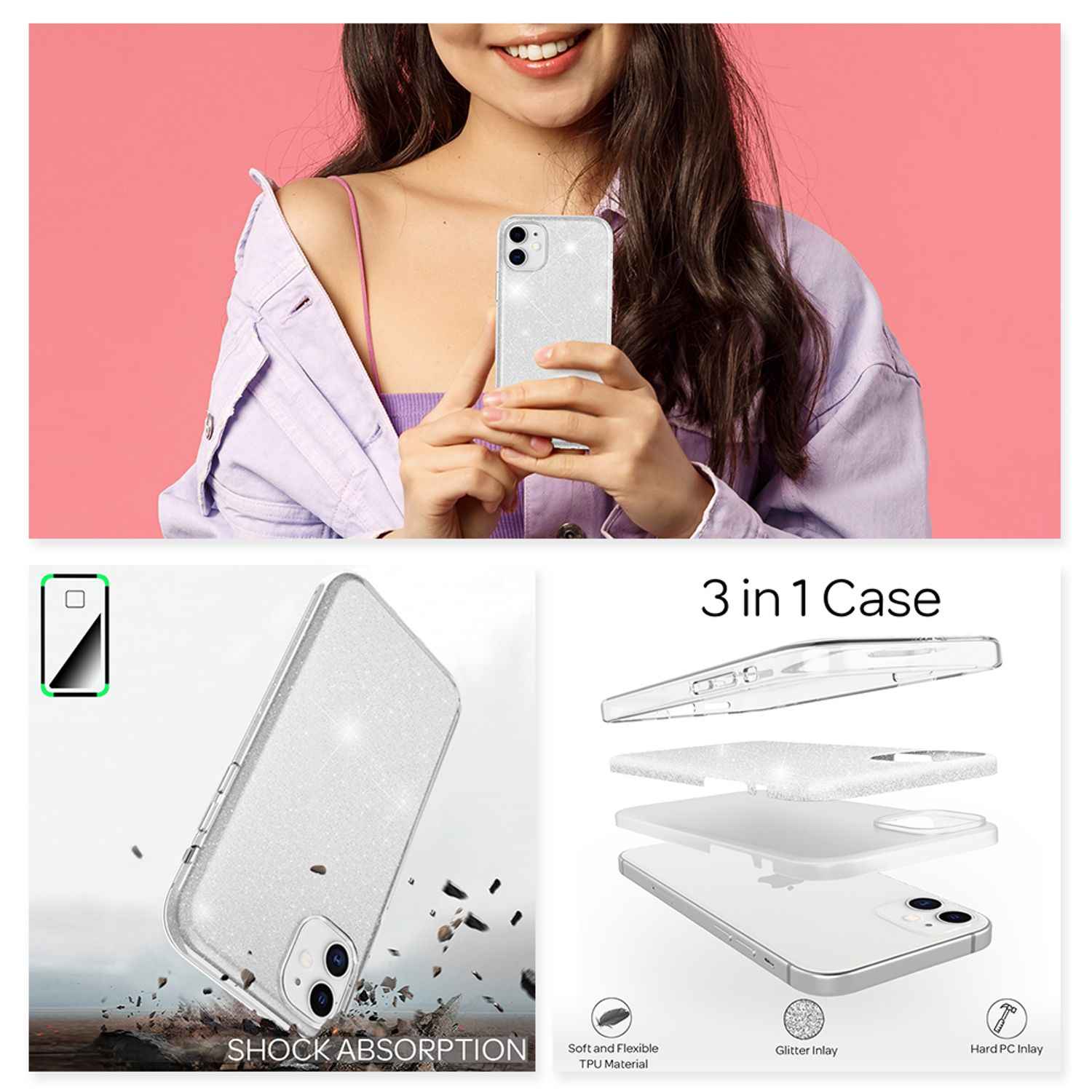 NALIA Glitzer Handy Hülle für iPhone 12 Mini, Bling Case Glitter Cover Schutz