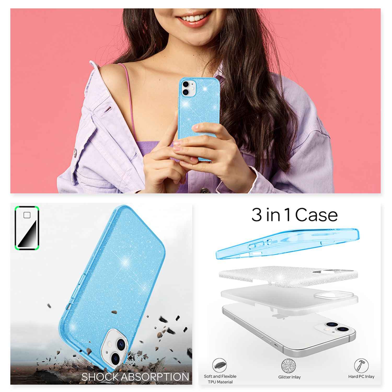 NALIA Glitzer Handy Hülle für iPhone 12 / 12 Pro, Bling Case Case Schutz Cover