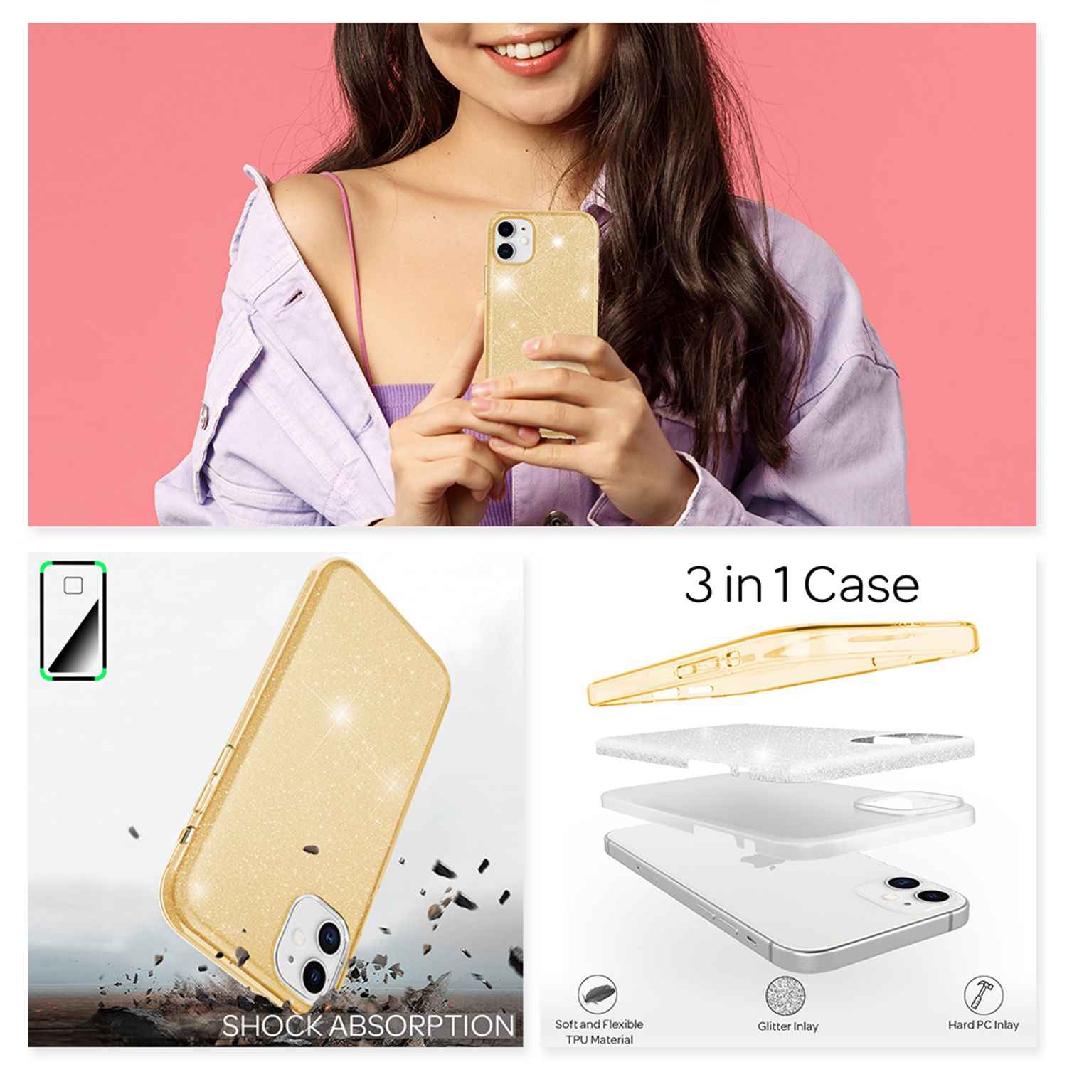 NALIA Glitzer Handy Hülle für iPhone 12 / 12 Pro, Bling Case Case Schutz Cover
