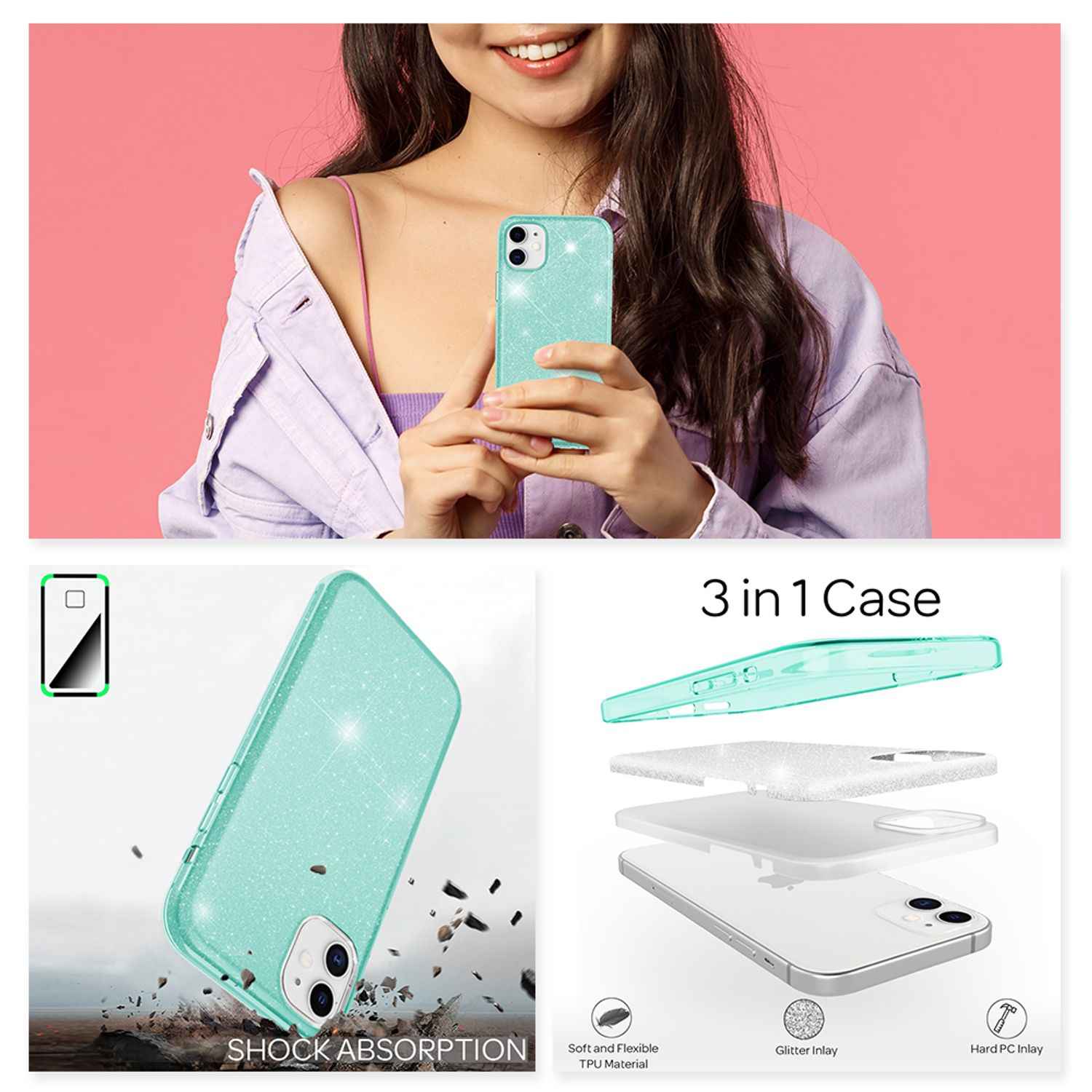 NALIA Glitzer Handy Hülle für iPhone 12 / 12 Pro, Bling Case Case Schutz Cover