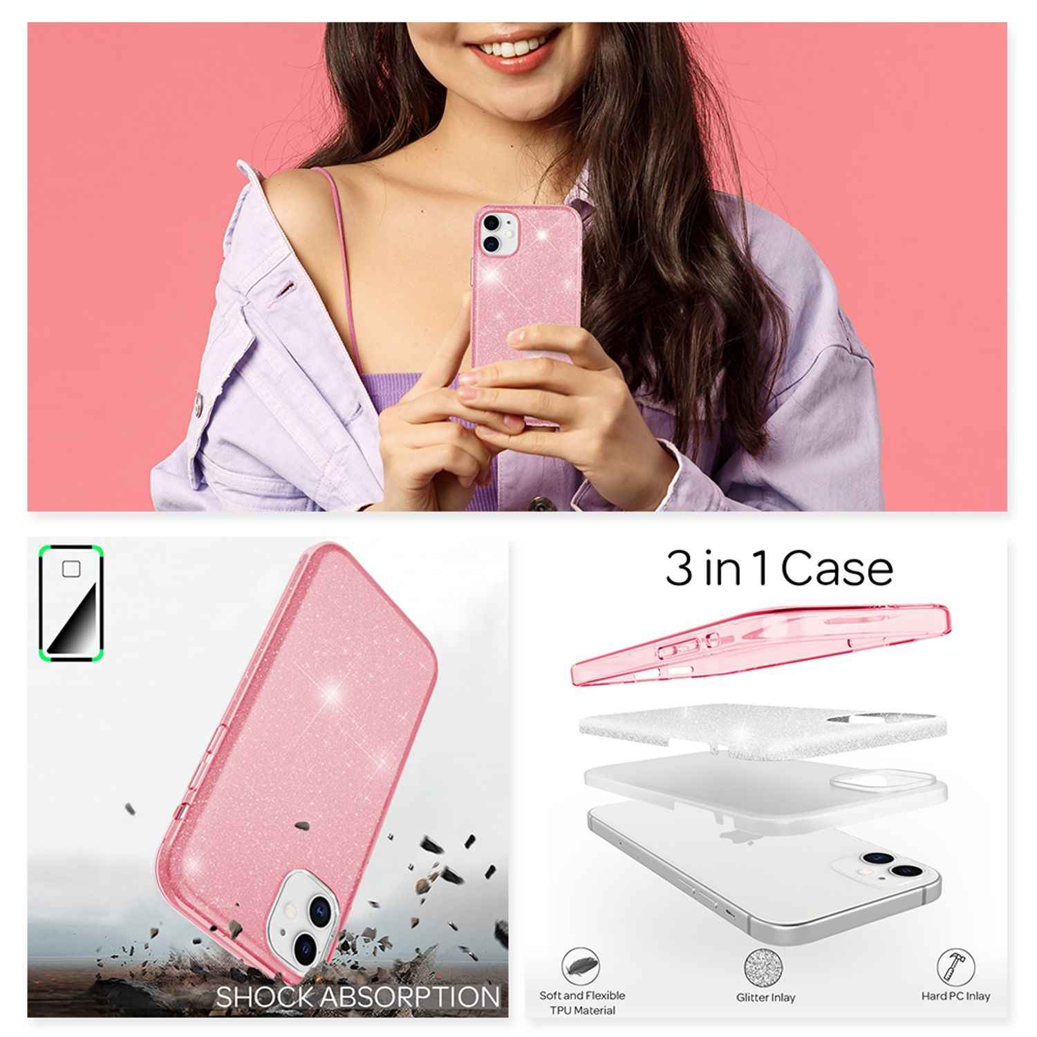 NALIA Glitzer Handy Hülle für iPhone 12 / 12 Pro, Bling Case Case Schutz Cover