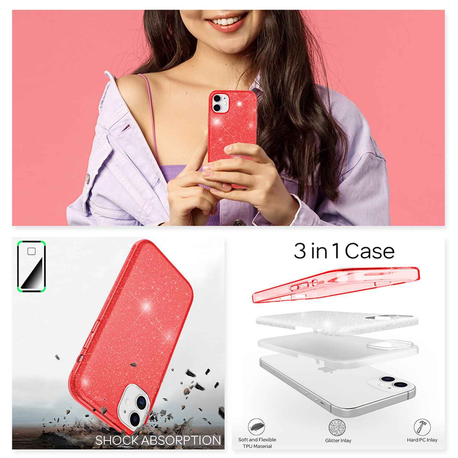 NALIA Glitzer Handy Hülle für iPhone 12 / 12 Pro, Bling Case Case Schutz Cover