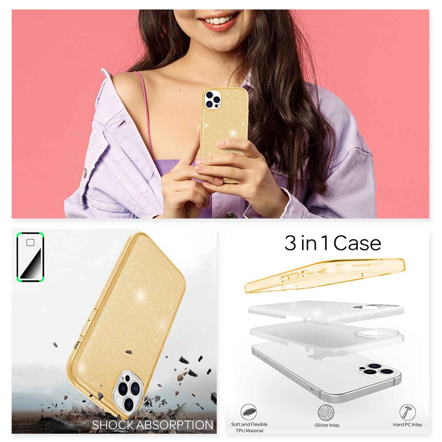 NALIA Glitzer Handy Hülle für iPhone 12 Pro Max, Bling Case Glitter Cover Bumper