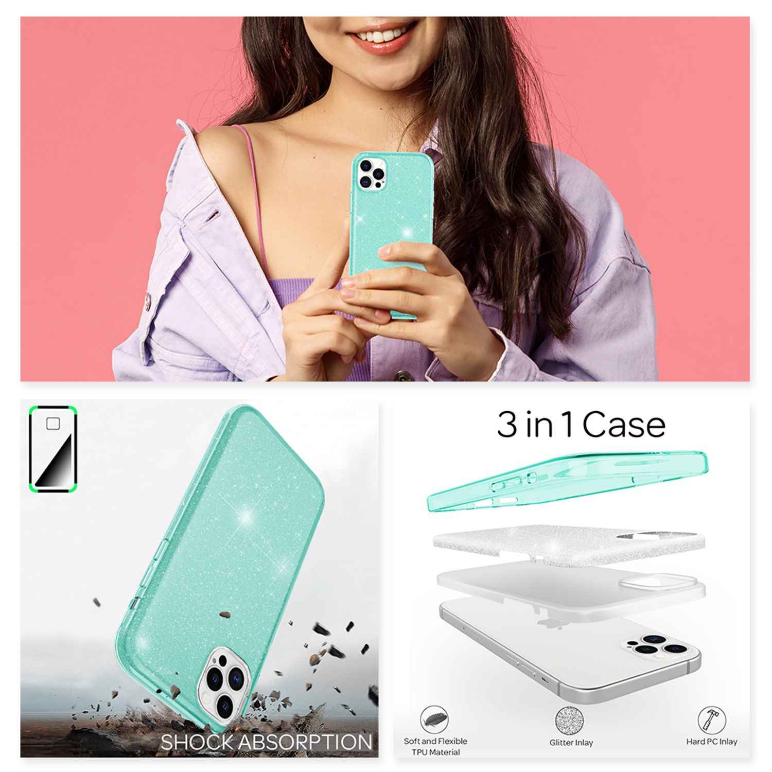 NALIA Glitzer Handy Hülle für iPhone 12 Pro Max, Bling Case Glitter Cover Bumper